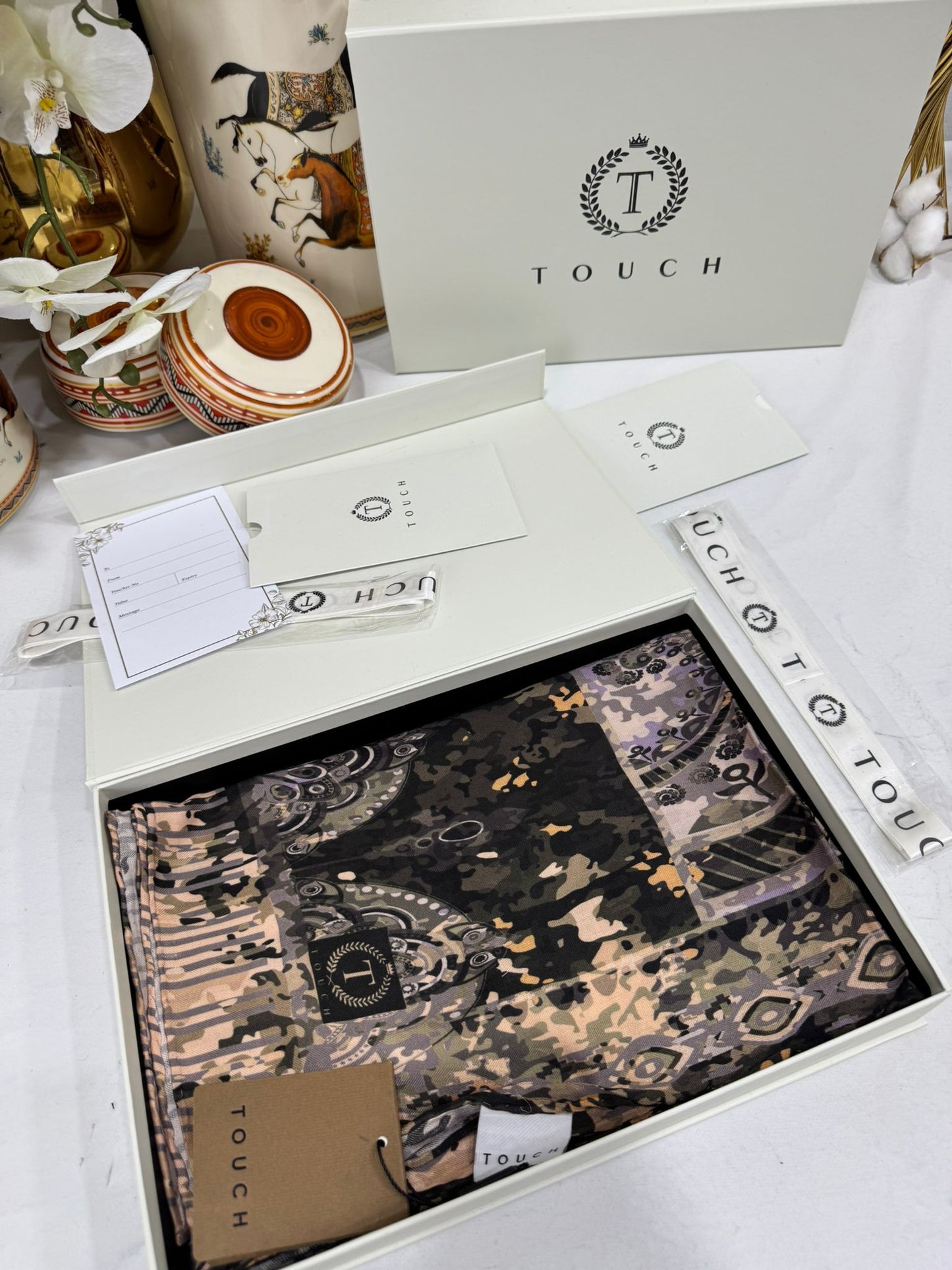 Touch İthal Etnik Desen Yün İpek Şal- 34550 - MorYeşil