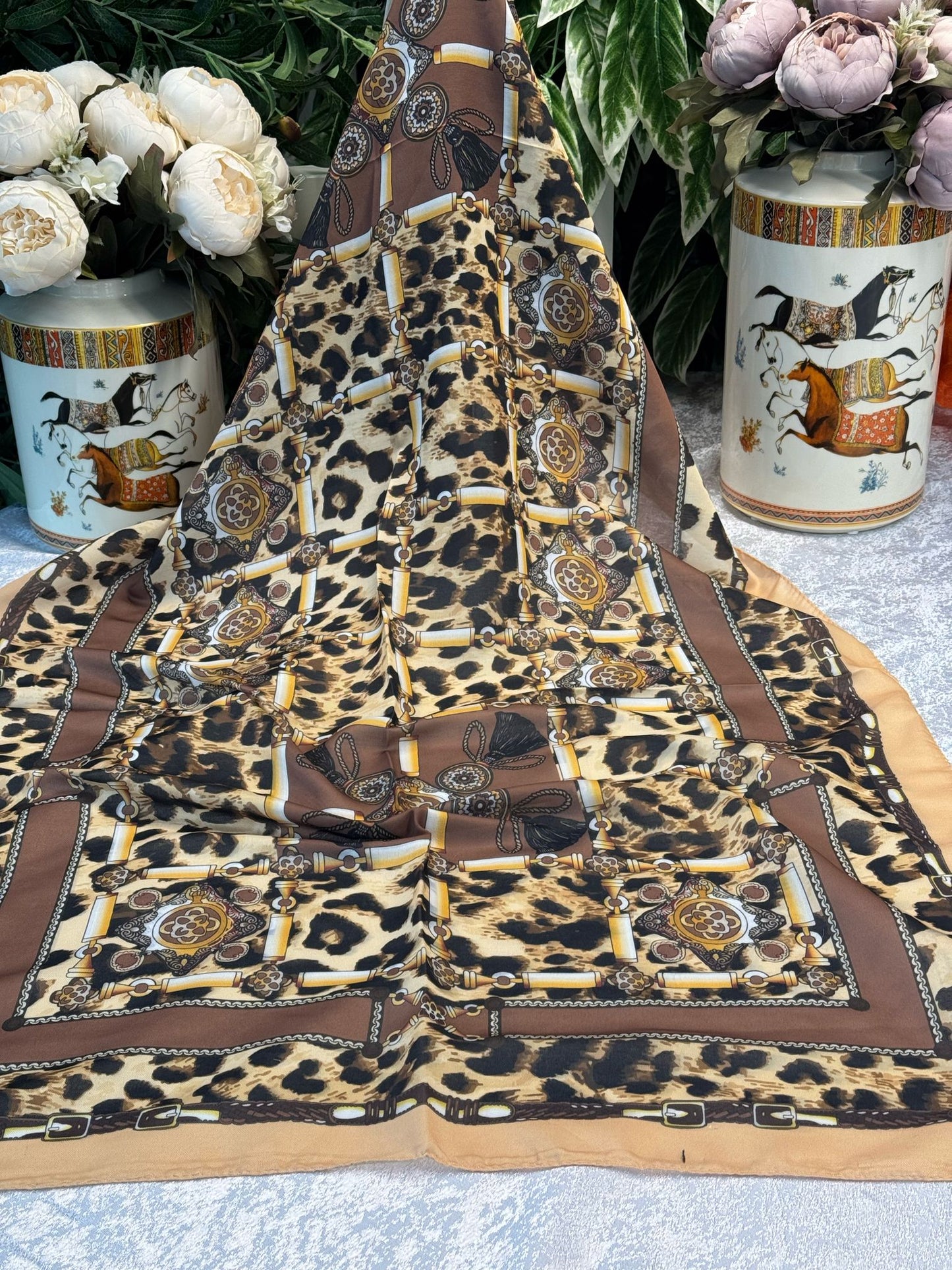 Hermes Leopar Pamuk Soft Şal 65329 - Latte