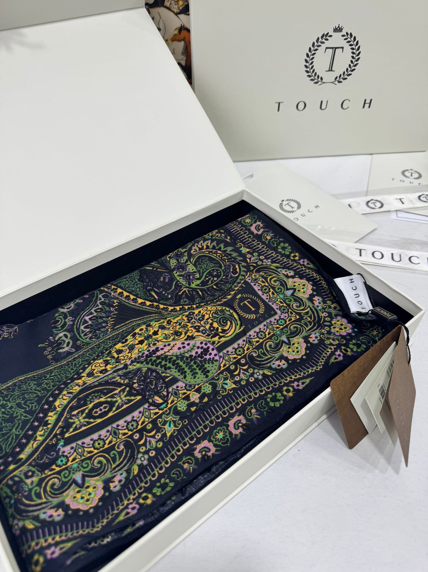 Touch İthal Etnik Desen Yün İpek Şal 34220 - Lacivert Yeşil