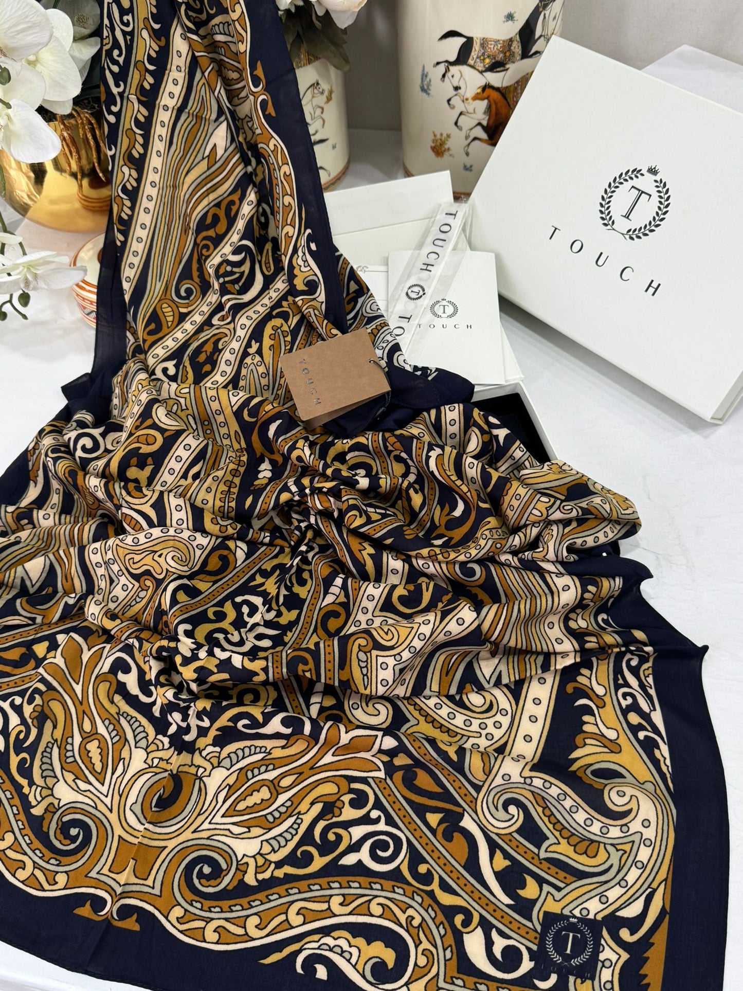 Touch İthal Etnik Desen Pamuk İpek Şal 63458 - Siyah