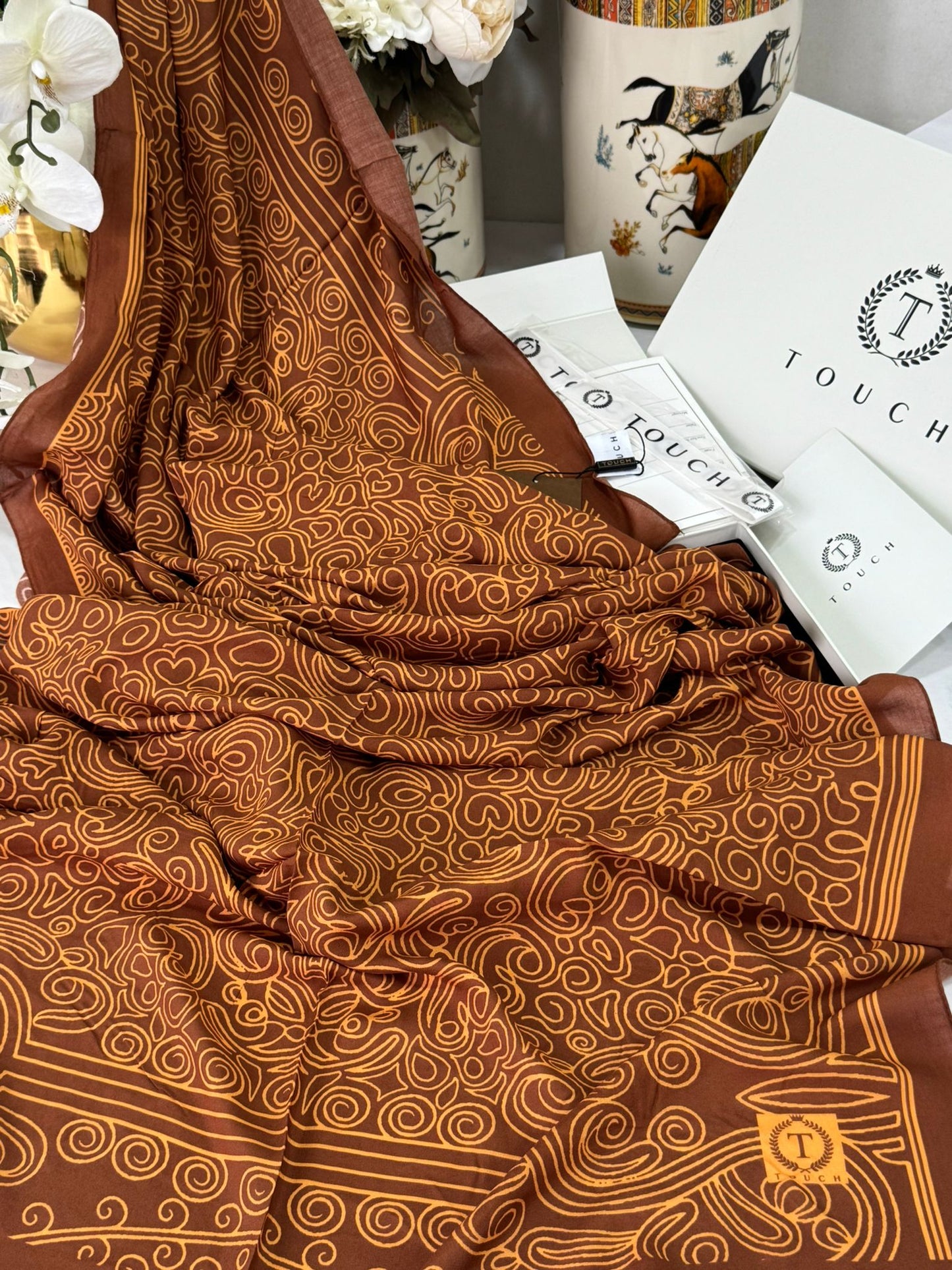 Touch İthal Etnik Desen Pamuk İpek Şal 63459- Kiremit