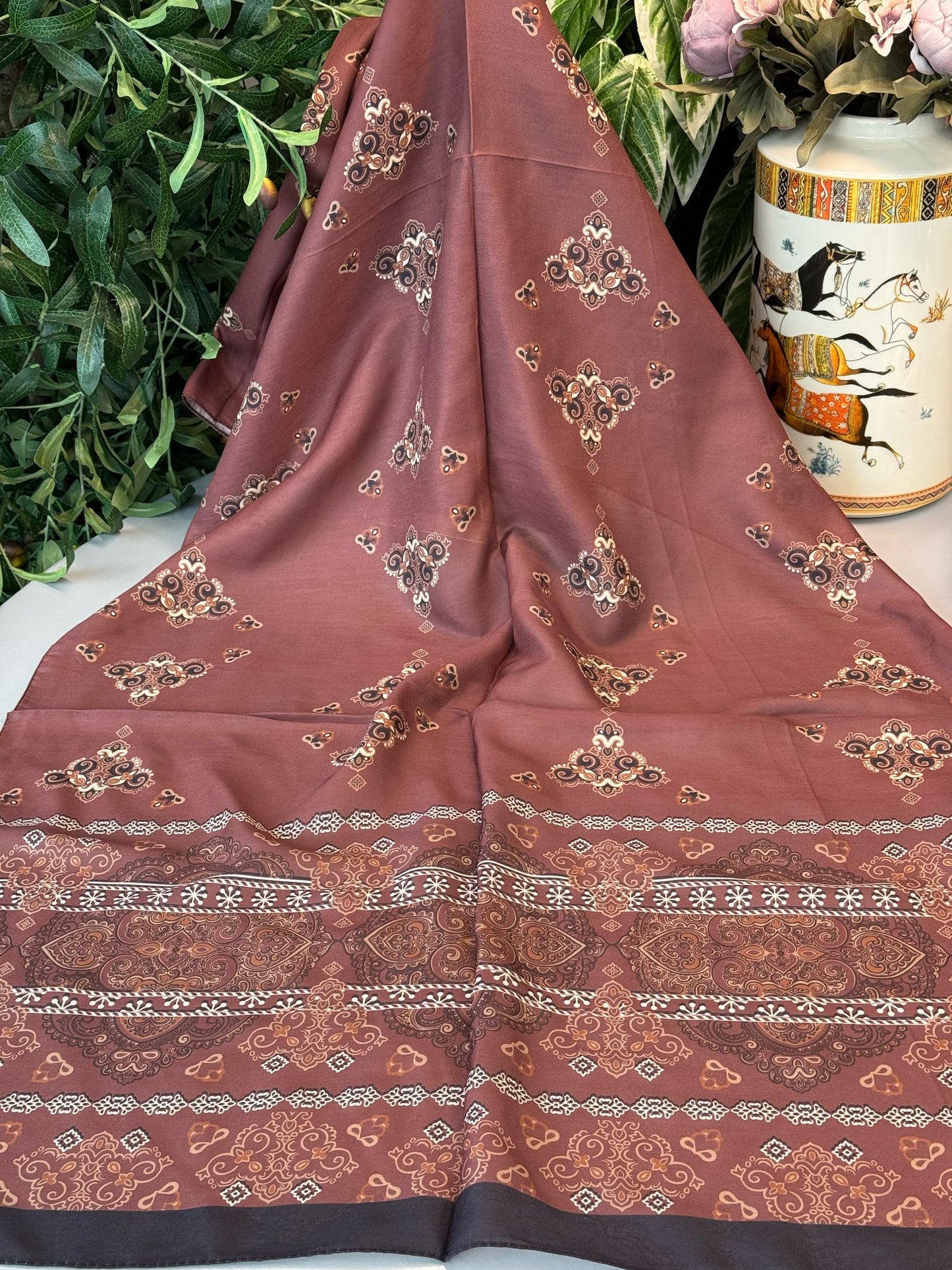 Kupa Desenli Pamuk İpek Şal - 797730 - Bordo-Lacivert