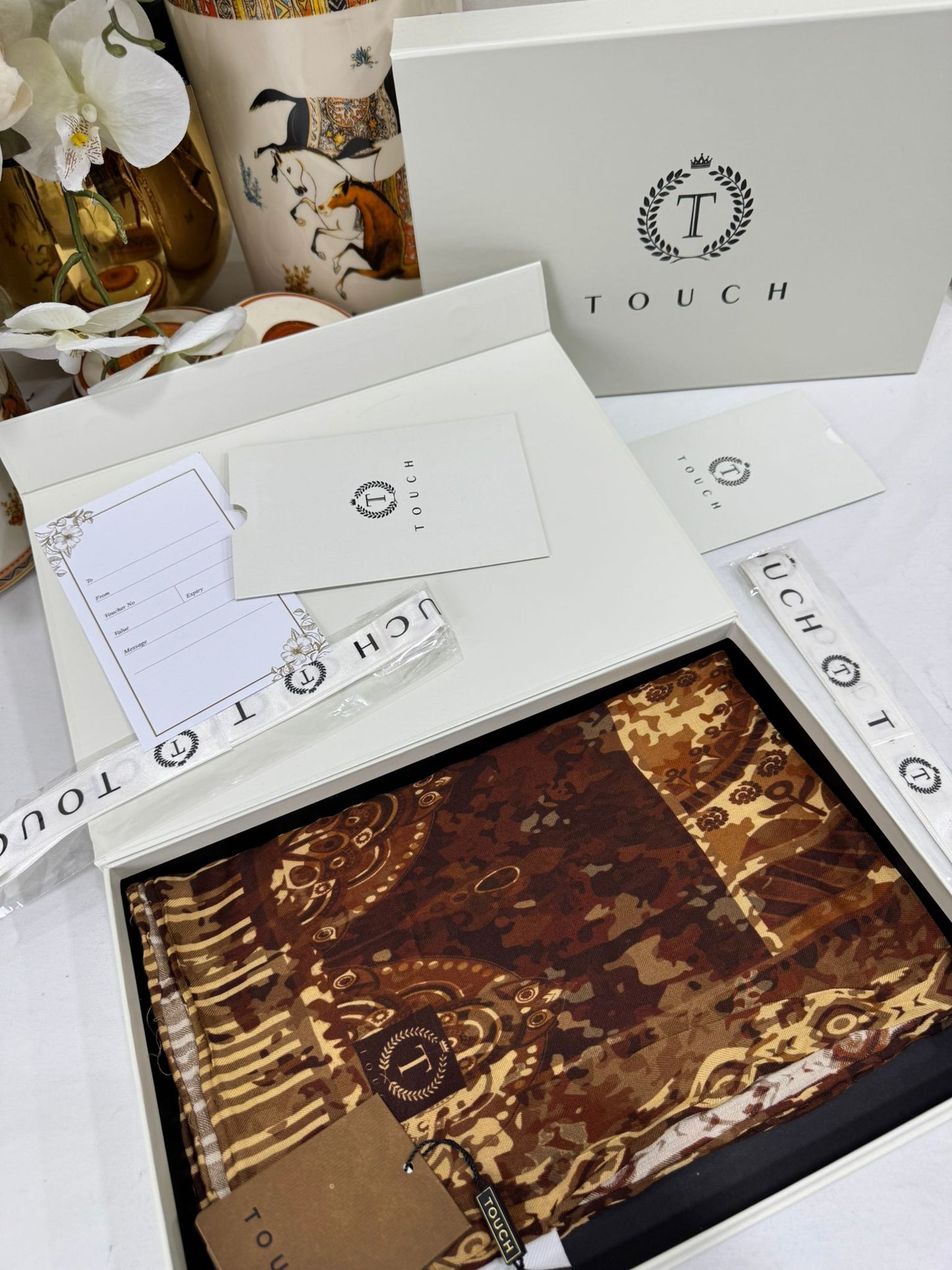 Touch İthal Etnik Desen Yün İpek Şal- 34550 - Kahve