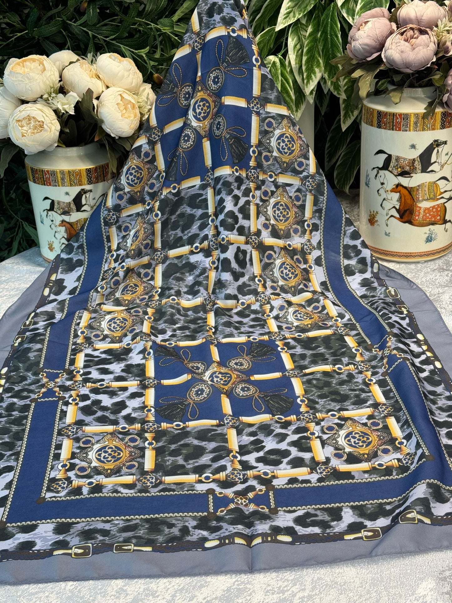 Hermes Leopar Pamuk Soft Şal 65329 - Gece Mavisi