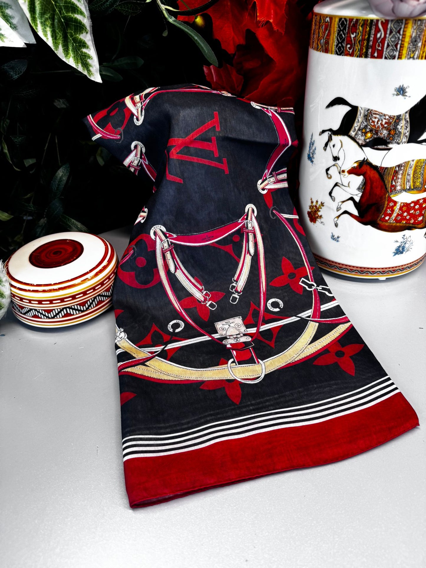 Lv Kemer Desen Pamuk Soft Şal 31230 - Siyah-Bordo