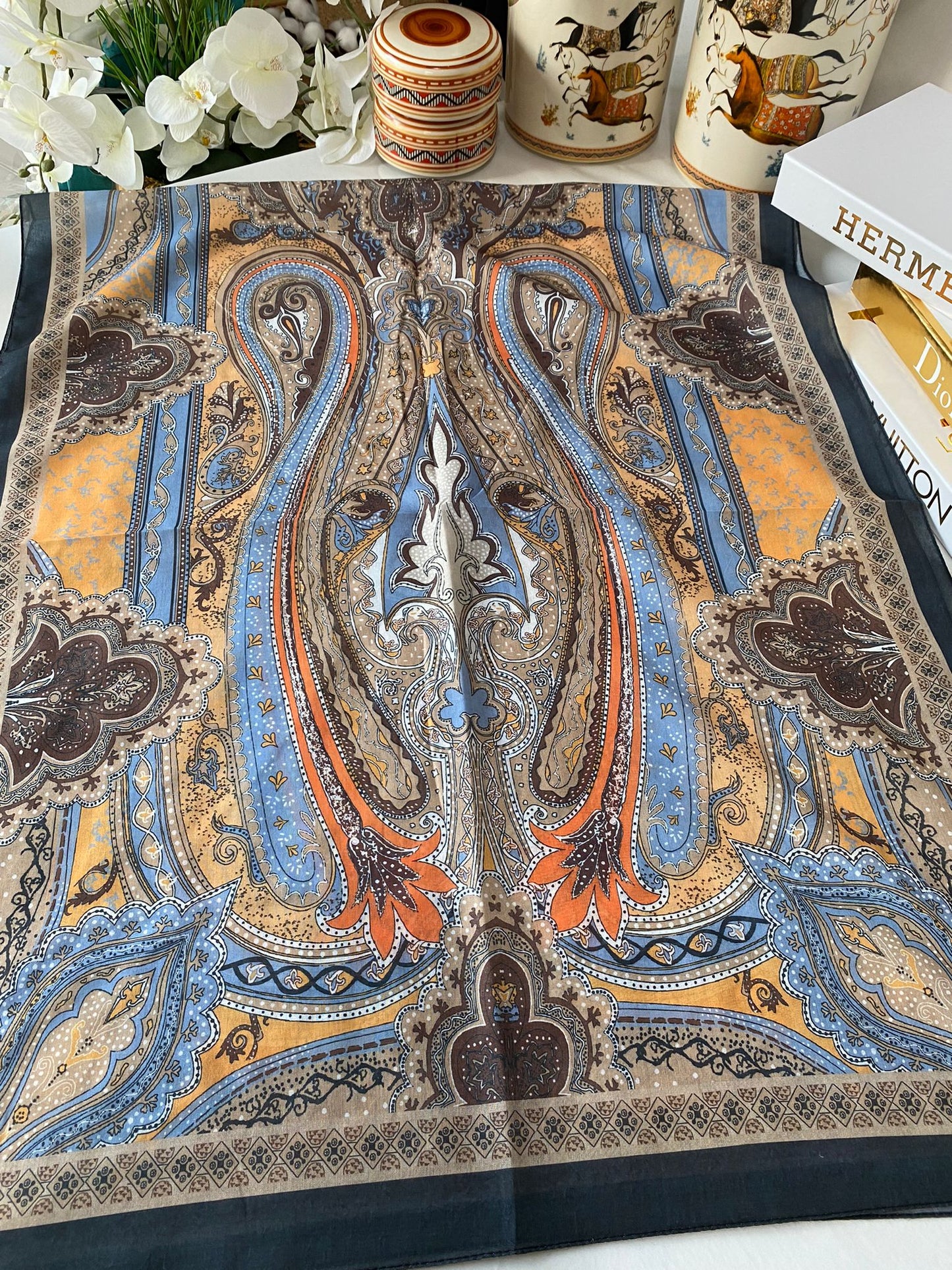 Etnik desen pamuk soft şal-321654 TURUNCU/ MAVİ