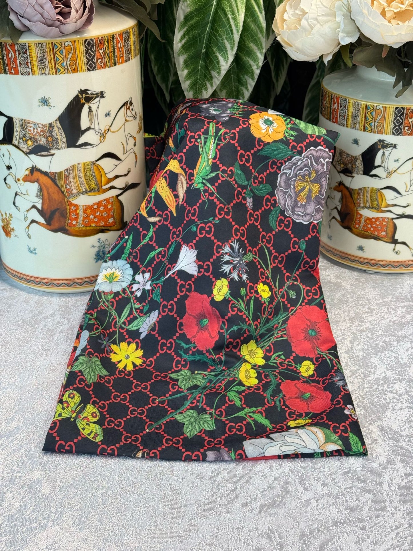 Gucci Çiçek Desen Pamuk Soft Şal 65355 - Siyah/Kırmızı