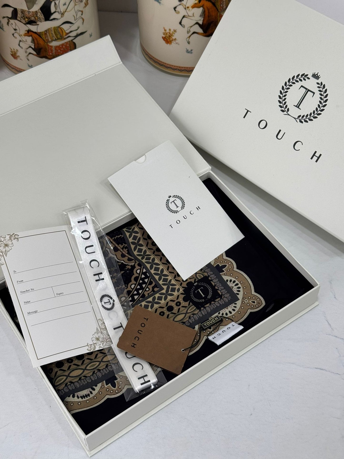 Touch İthal Etnik Desen Pamuk İpek Şal 63460- Lacivert - Vizon