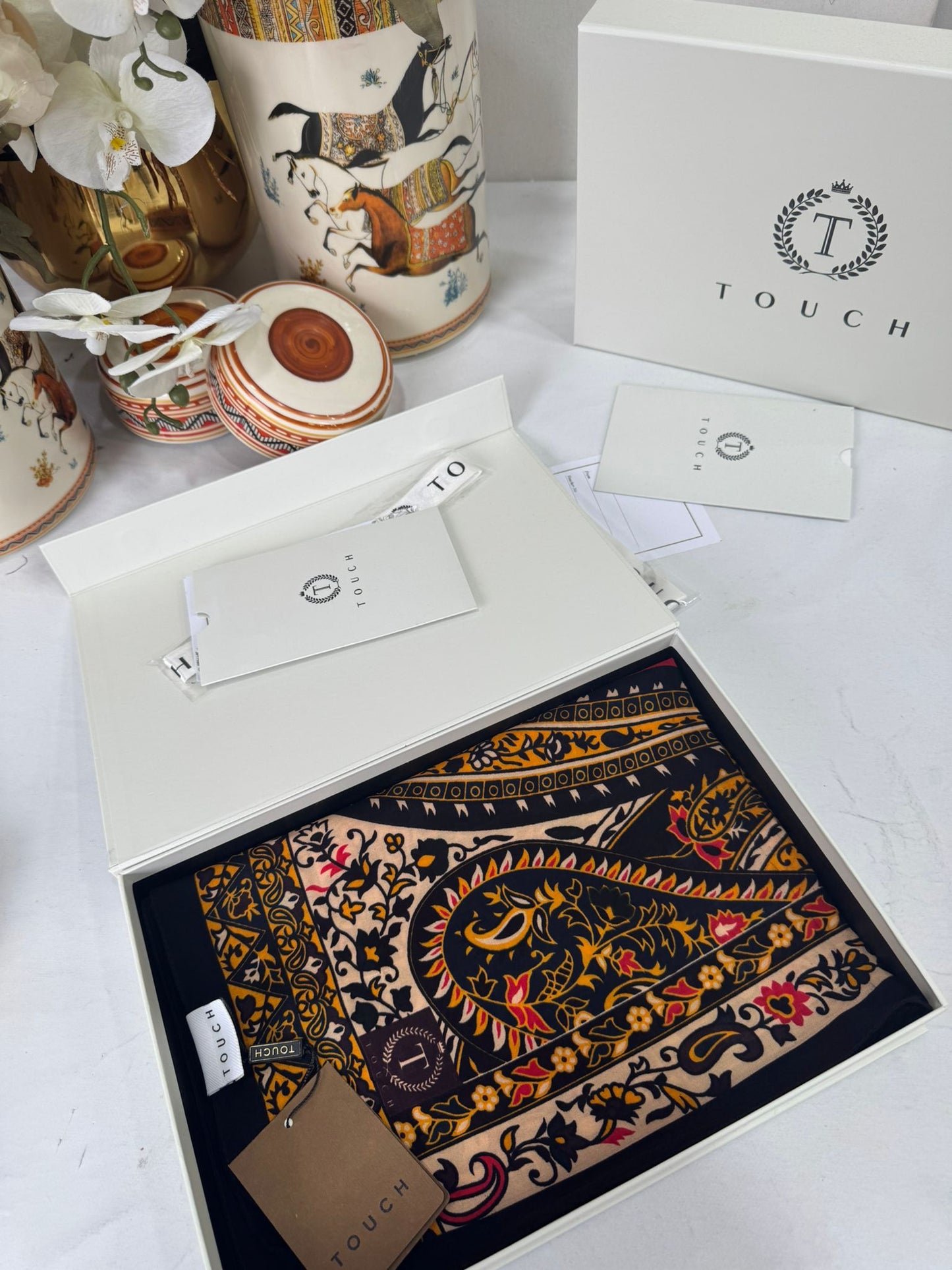 Touch İthal Etnik Desen Pamuk İpek Şal- 35440 - Siyah Pudra