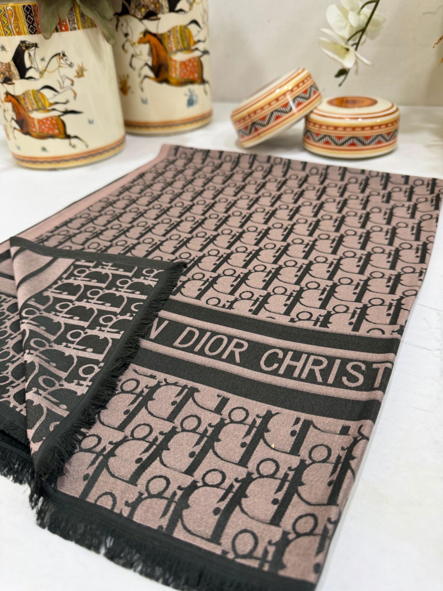 Dior Desenli İpek Kaşmir Çift Taraflı Şal 78002 - Pudra Siyah