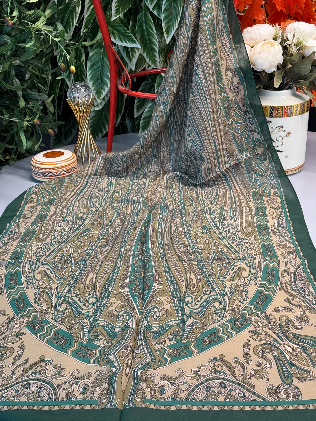 Etro Pamuk İpek Şal 52340 - Yeşil-Camel