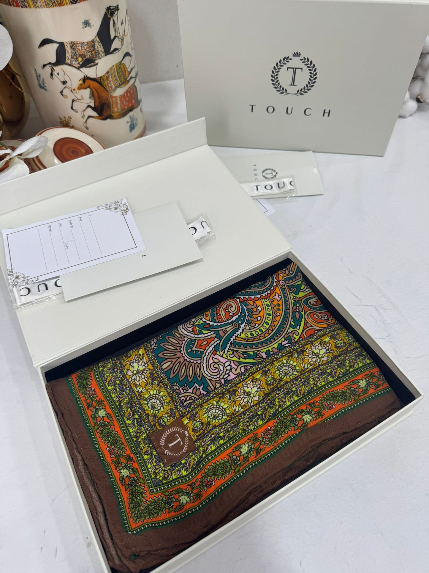 Touch İthal Etnik Desen Yün İpek Şal- 35110 - Kahve Turuncu