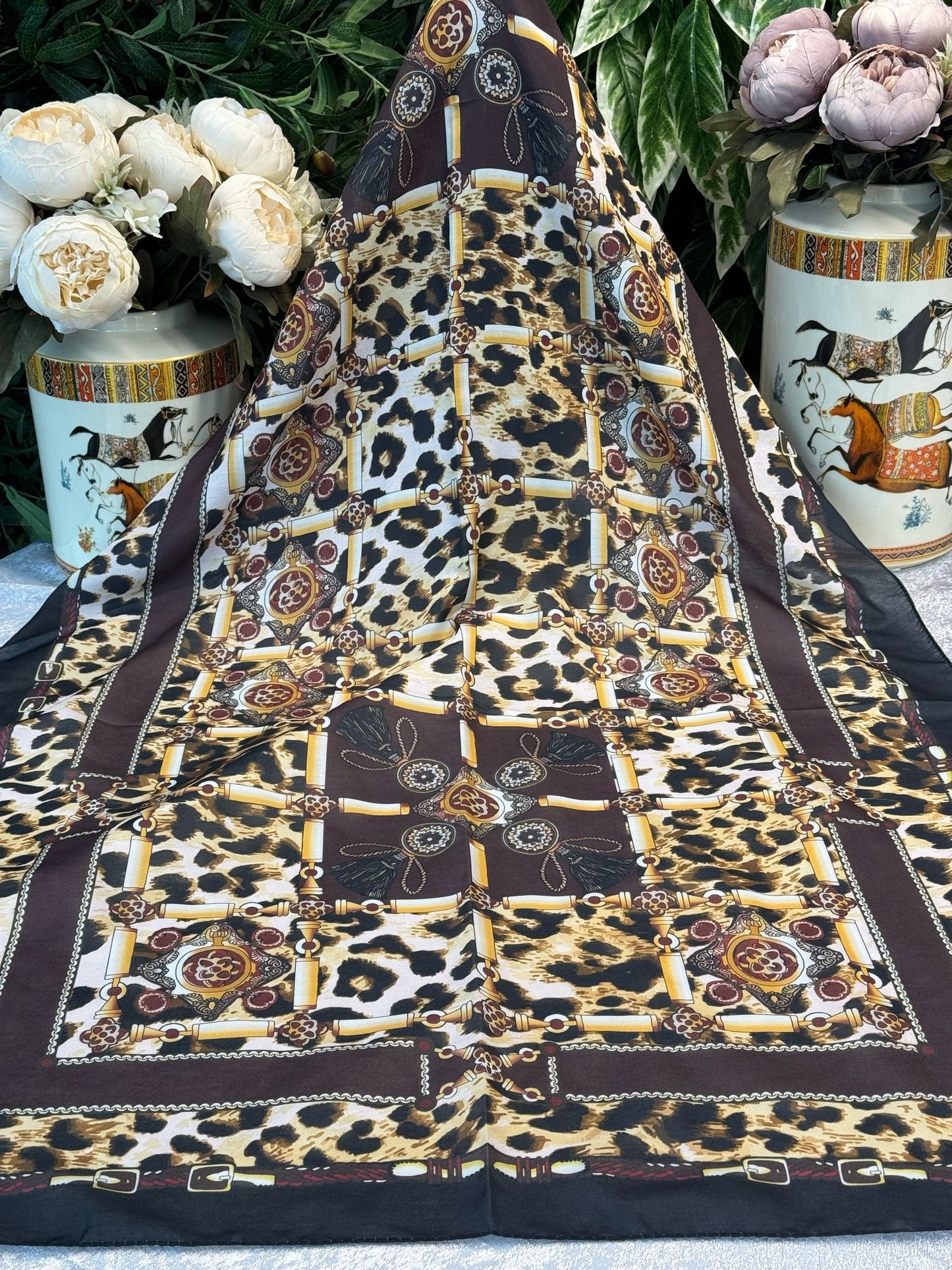 Hermes Leopar Pamuk Soft Şal 65329 - Bej