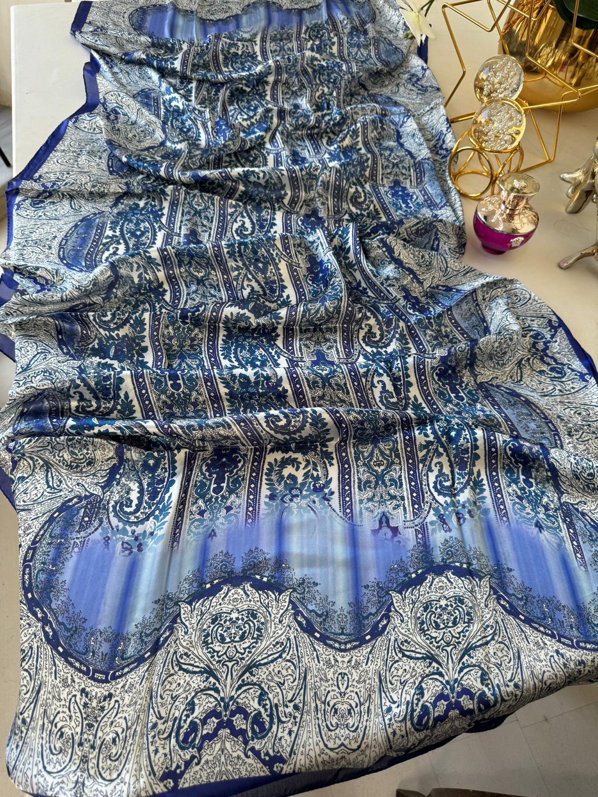 Etro Marka Yeni Sezon İthal Etnik Desen Vual İpek Şal - Lacivert