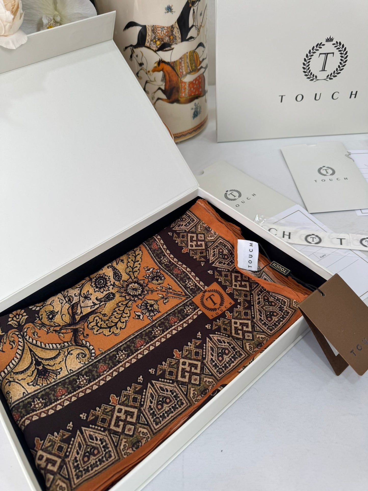 Touch İthal Etnik Desen Yün İpek Şal-34770 -Turuncu kahve