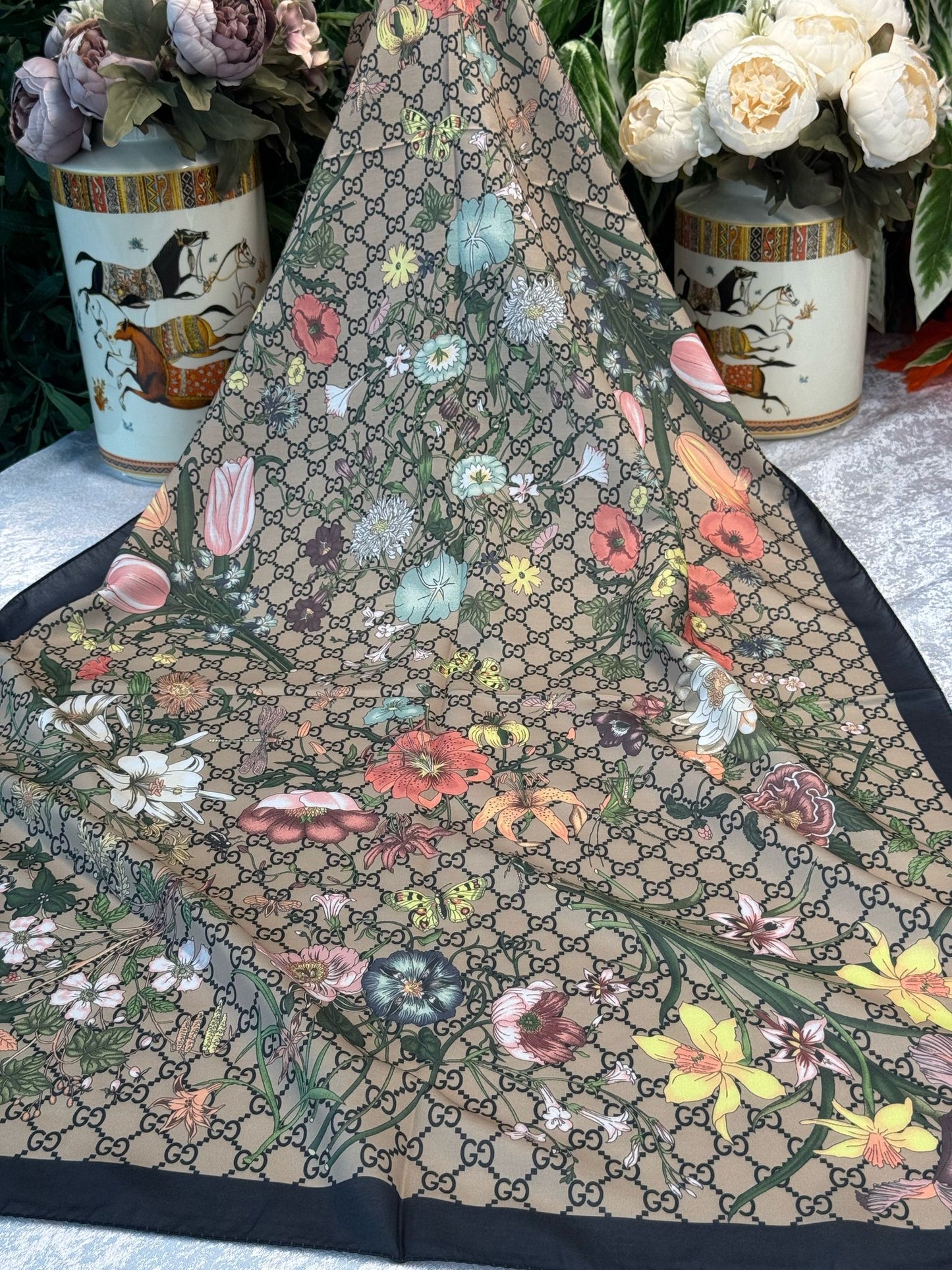 Gucci Çiçek Desen Pamuk Soft Şal 65355 - Latte