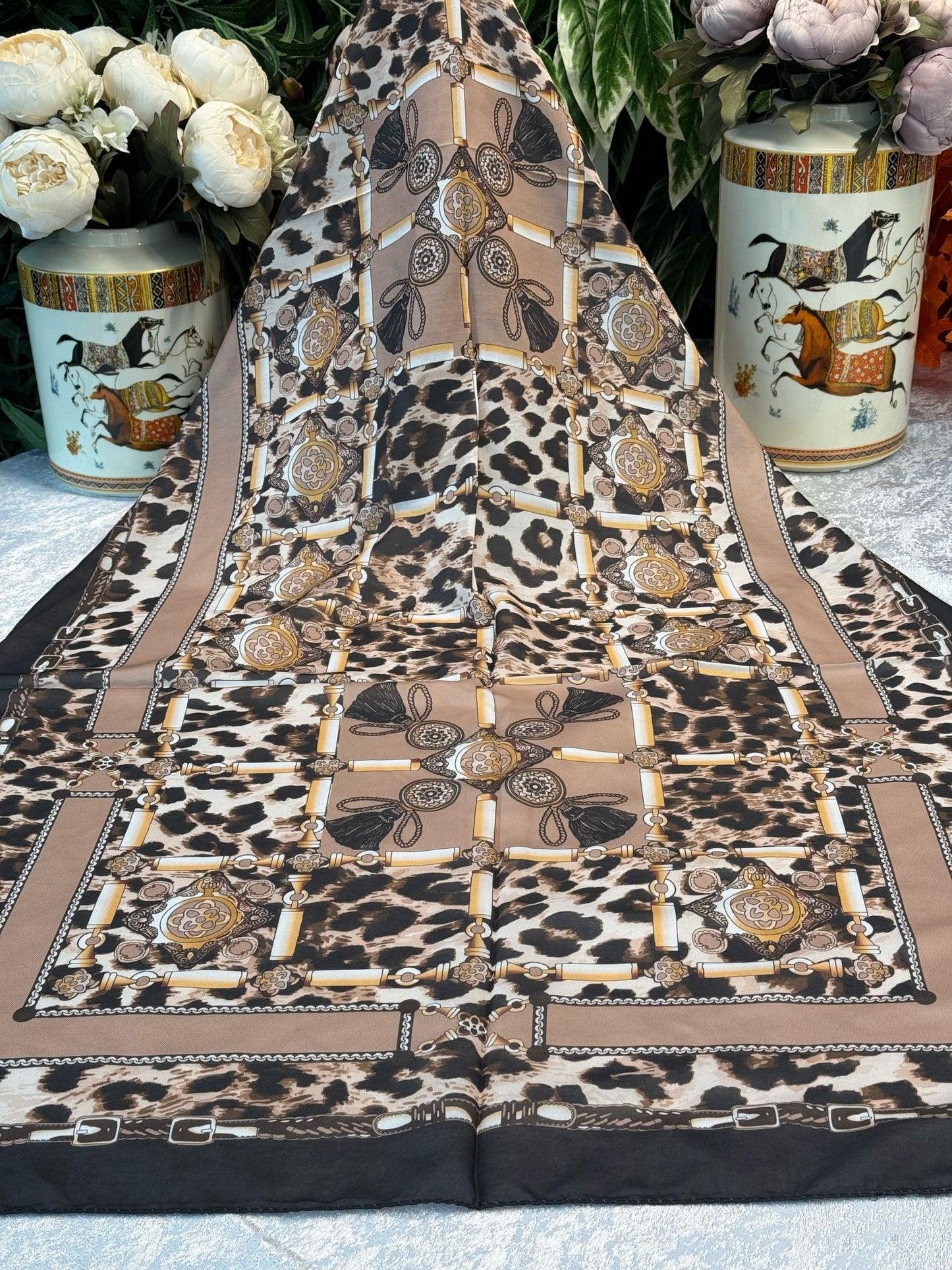 Hermes Leopar Pamuk Soft Şal 65329 - Kızıl Kahve