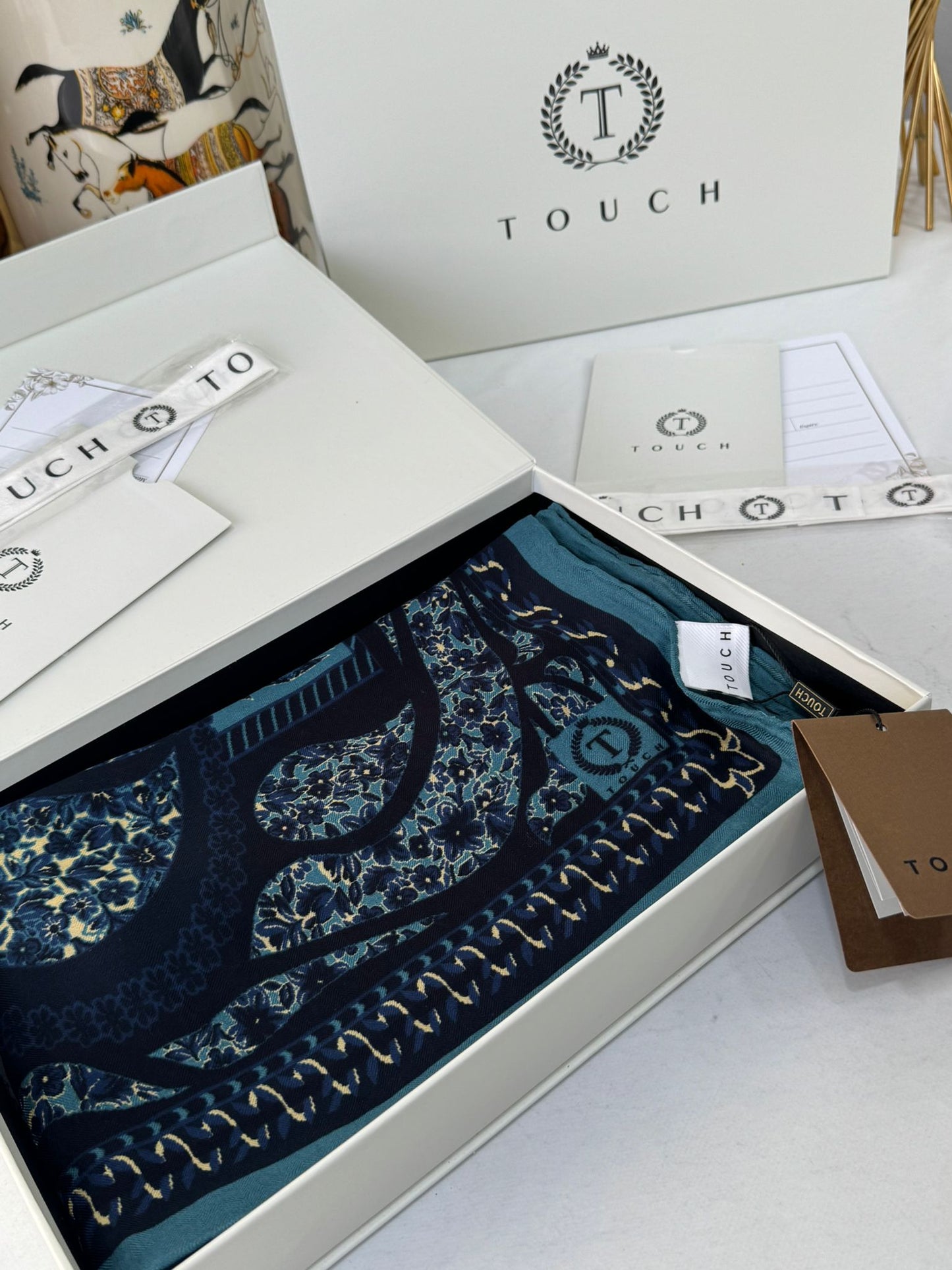 Touch İthal Etnik Desen Yün İpek Şal- 34660 - Lacivert Bebe Mavisi