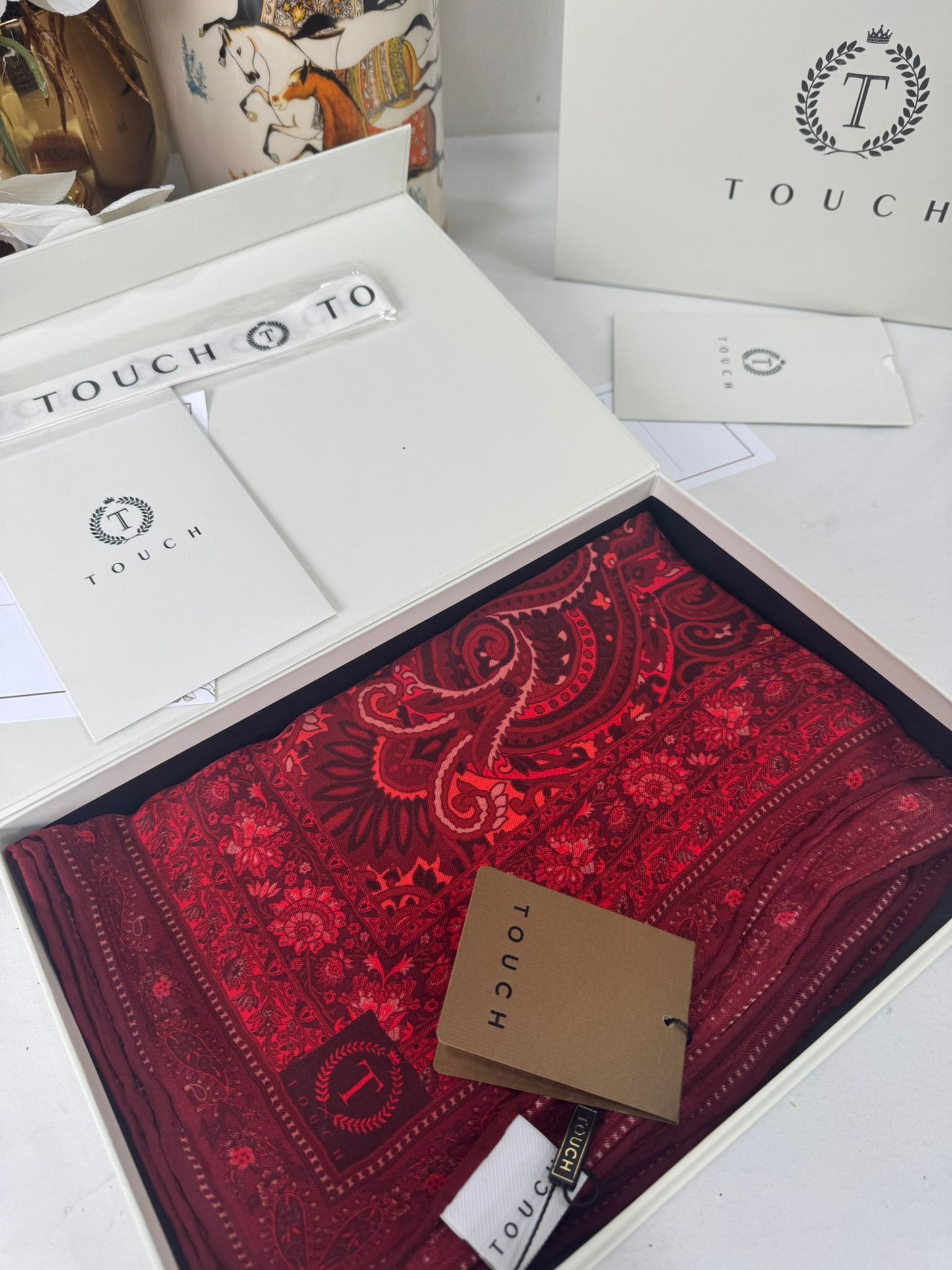 Touch İthal Etnik Desen Yün İpek Şal- 35110 - Bordo