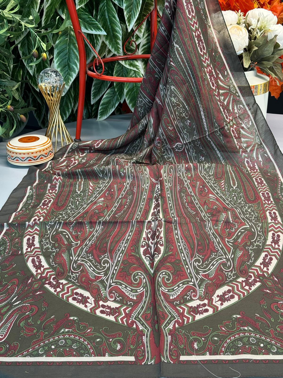 Etro Pamuk İpek Şal 52340 - Yeşil-Bordo