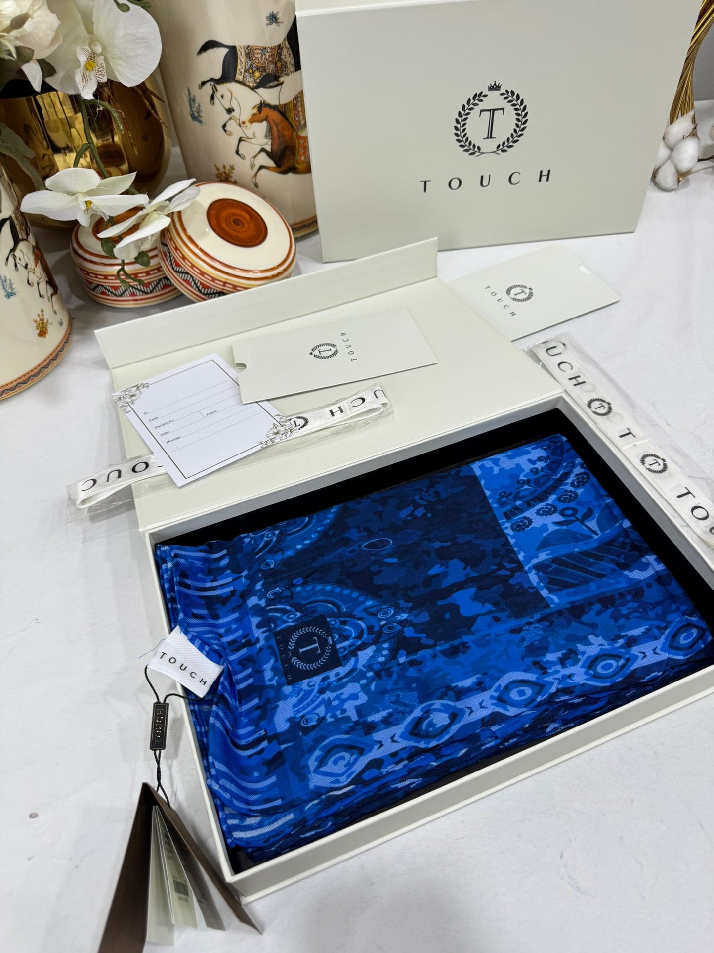 Touch İthal Etnik Desen Yün İpek Şal- 34550 - Lacivert