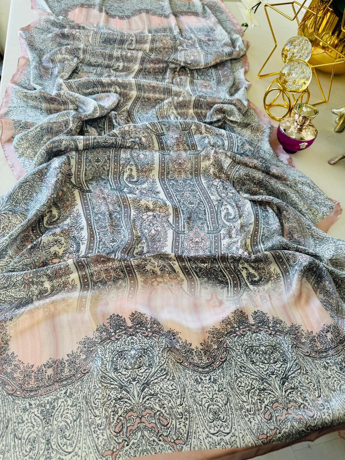 Etro Marka Yeni Sezon İthal Etnik Desen Vual İpek Şal - Pudra