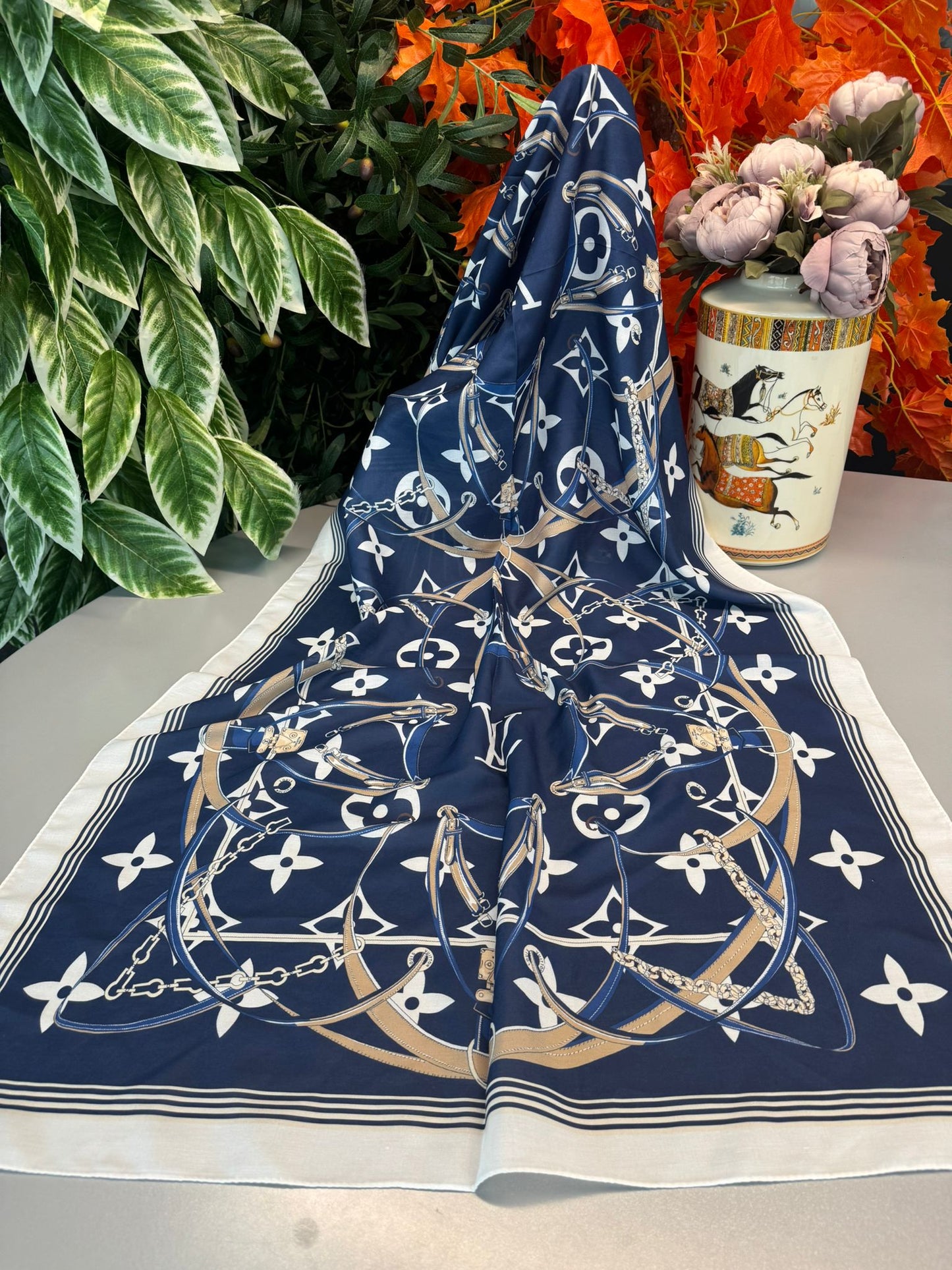 Lv Kemer Desen Pamuk Soft Şal 31230 - Lacivert