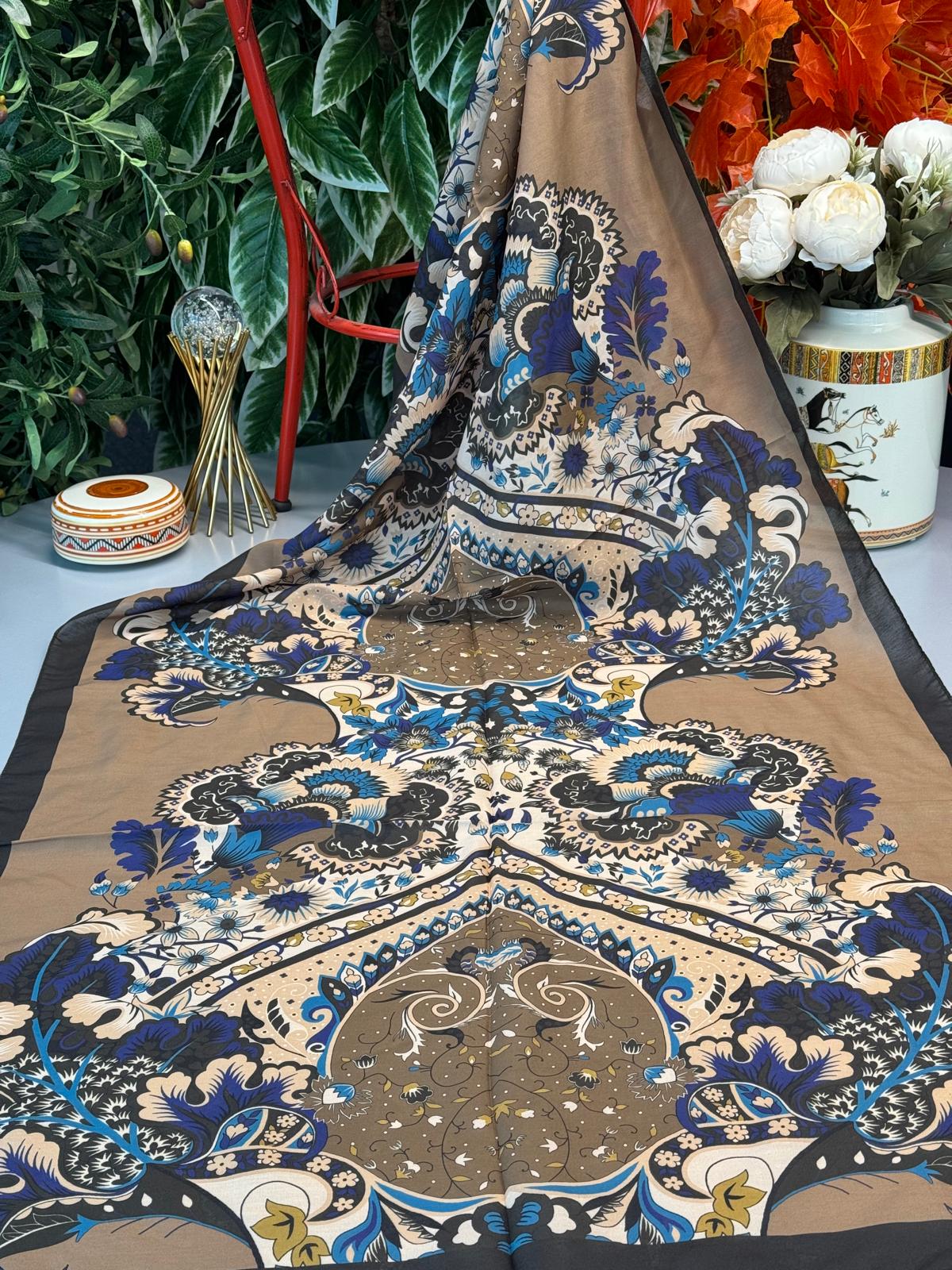 Etro Çiçek Desen Pamuk soft Şal - 433240 - Camel-Siyah