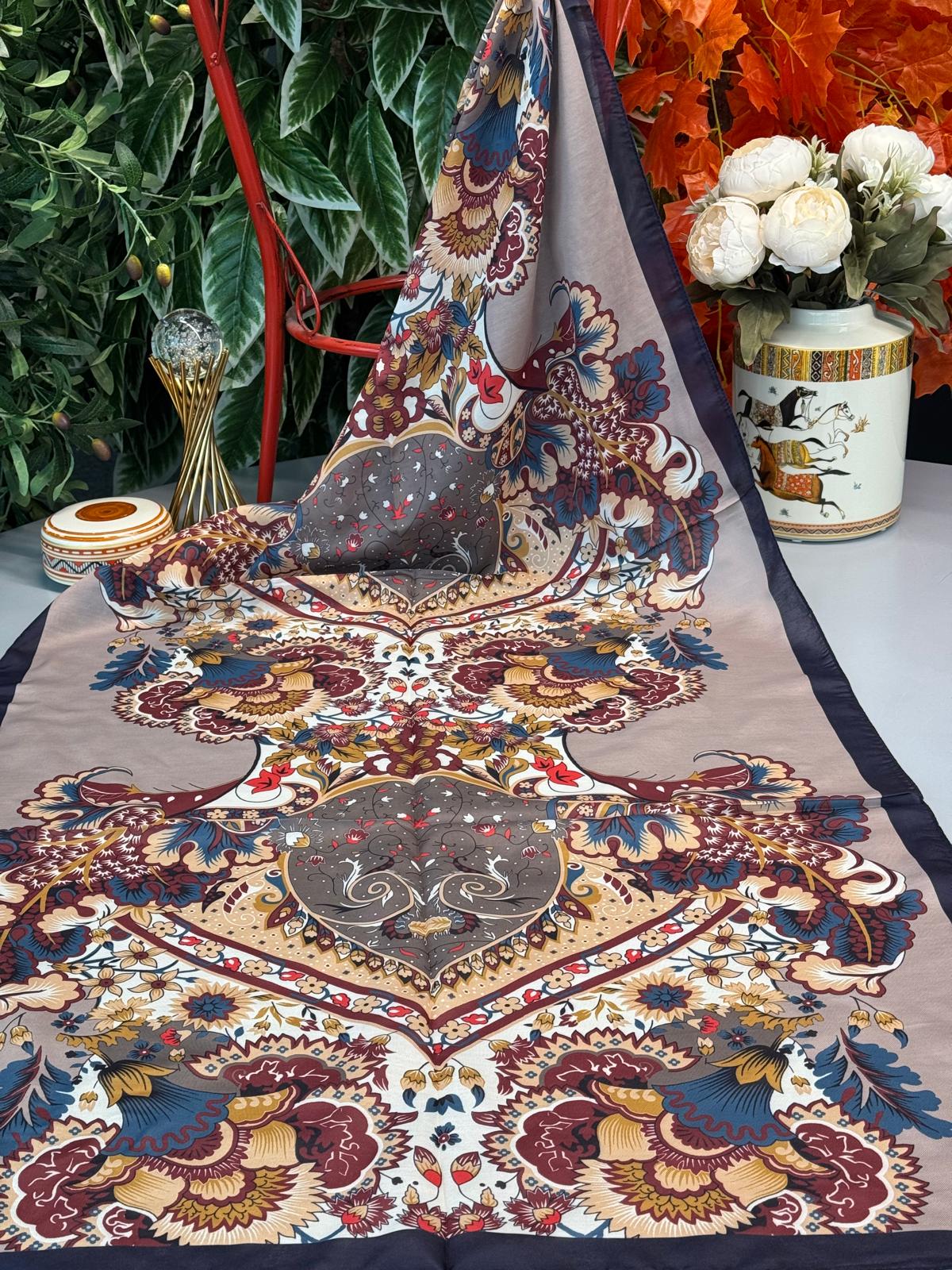 Etro Çiçek Desen Pamuk soft Şal - 433240 - Lacivert-Latte