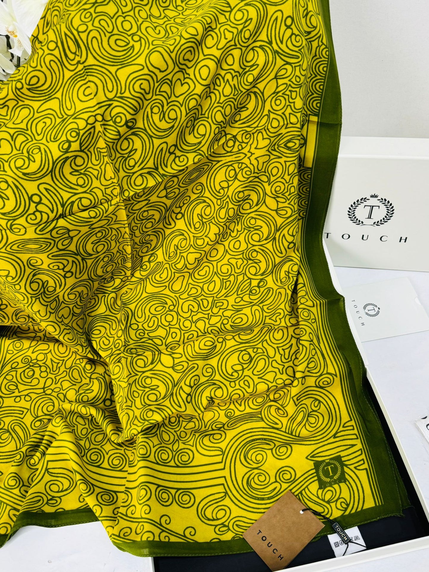 Touch İthal Etnik Desen Pamuk İpek Şal 63459- Fıstık Yeşili