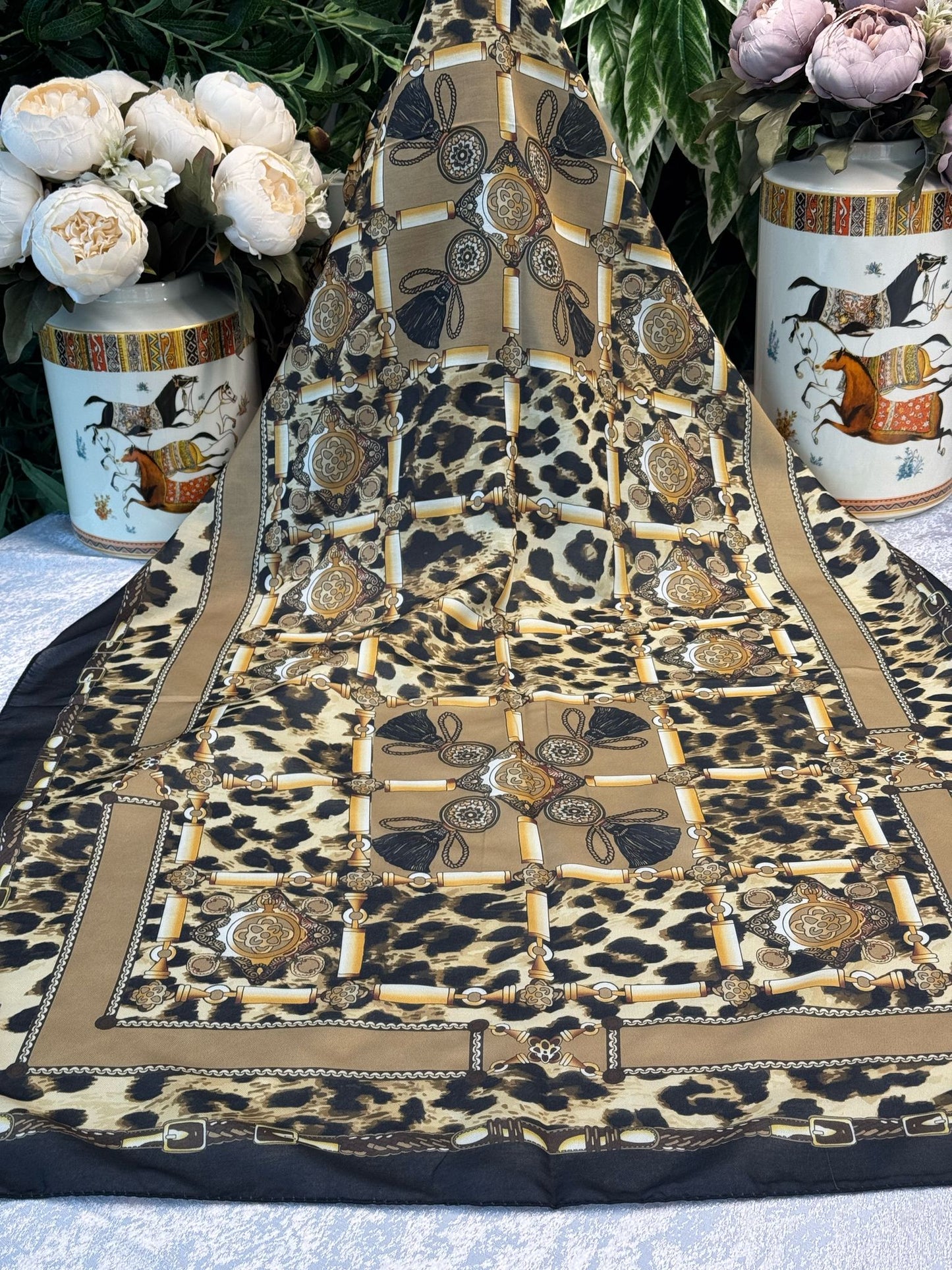 Hermes Leopar Pamuk Soft Şal 65329 - Nil Yeşili