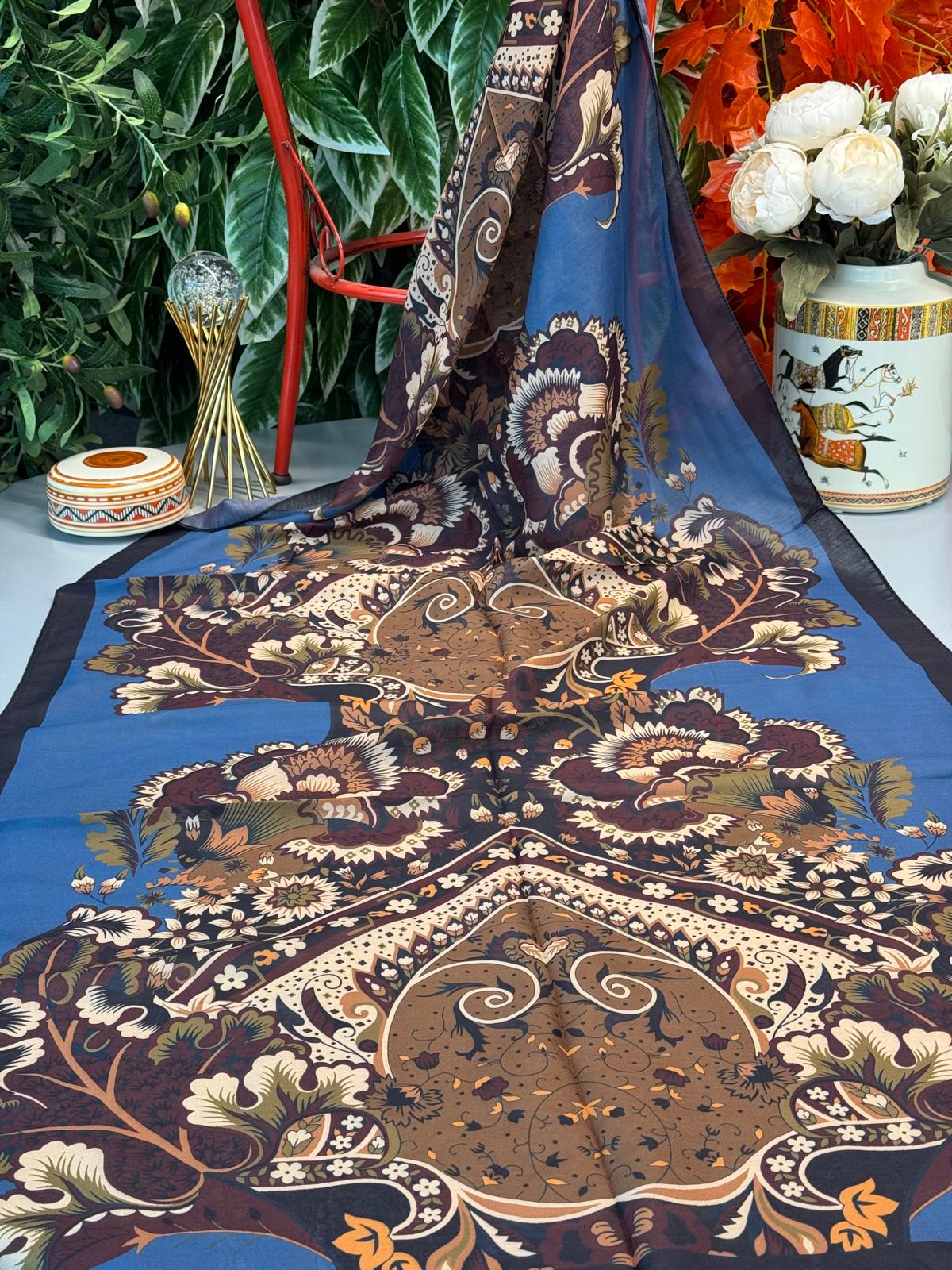 Etro Çiçek Desen Pamuk soft Şal - 433240 - Lacivert-mavi