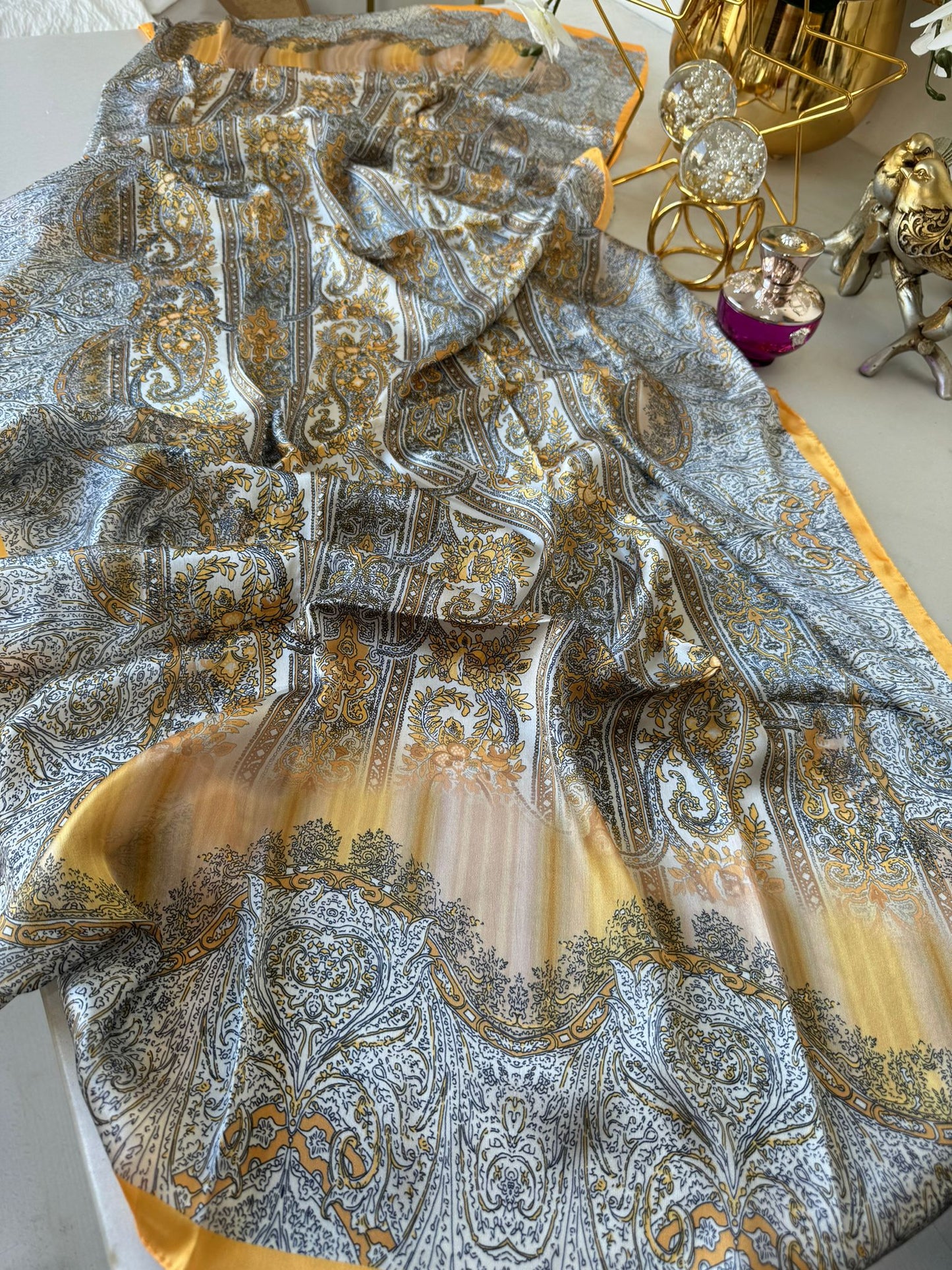 Etro Marka Yeni Sezon İthal Etnik Desen Vual İpek Şal - Turuncu