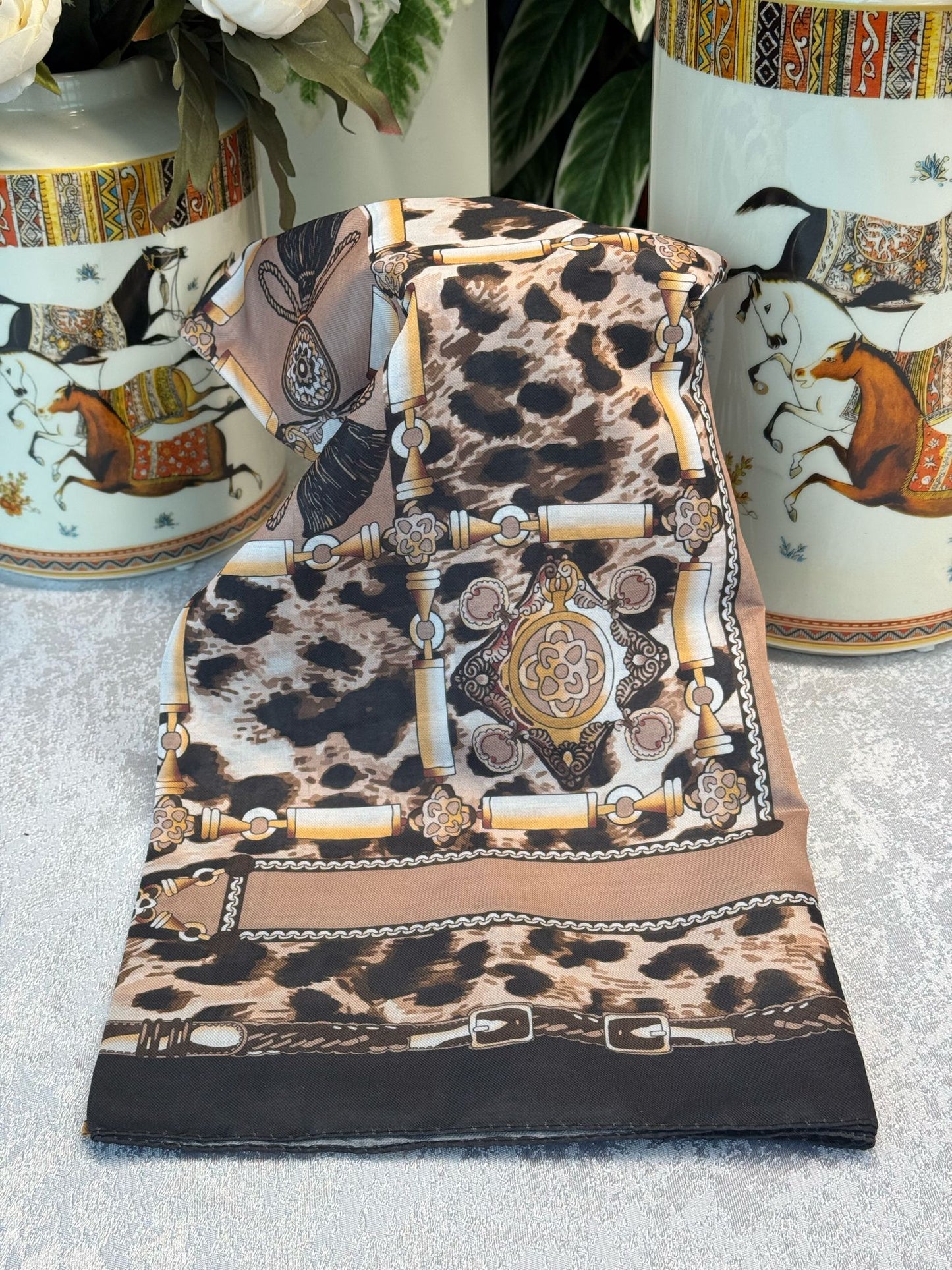 Hermes Leopar Pamuk Soft Şal 65329 - Kızıl Kahve