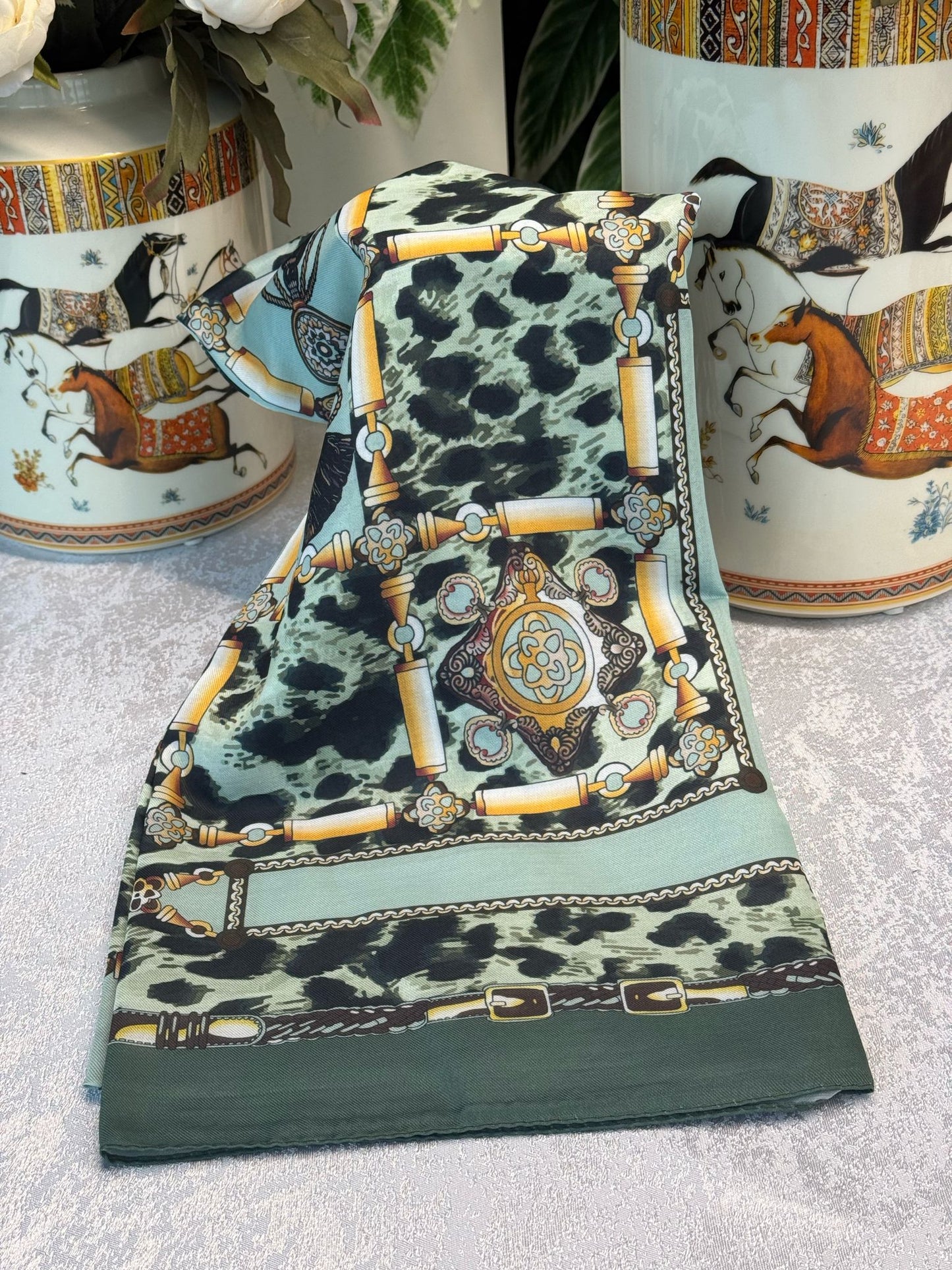 Hermes Leopar Pamuk Soft Şal 65329 - Çağla