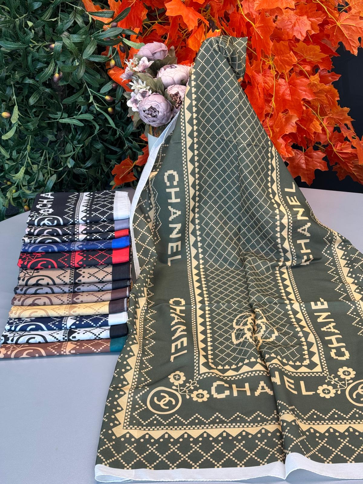 Chanel Çizgili Pamuk Soft Şal 51201 - Haki