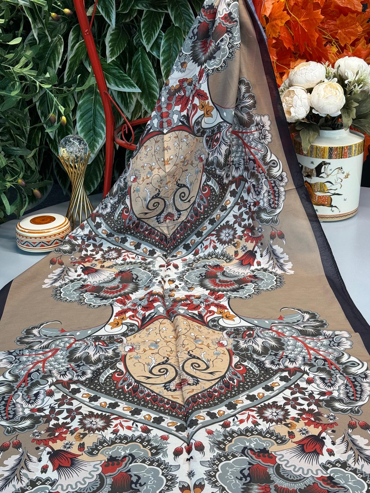 Etro Çiçek Desen Pamuk soft Şal - 433240 - Vizon-Lacivert