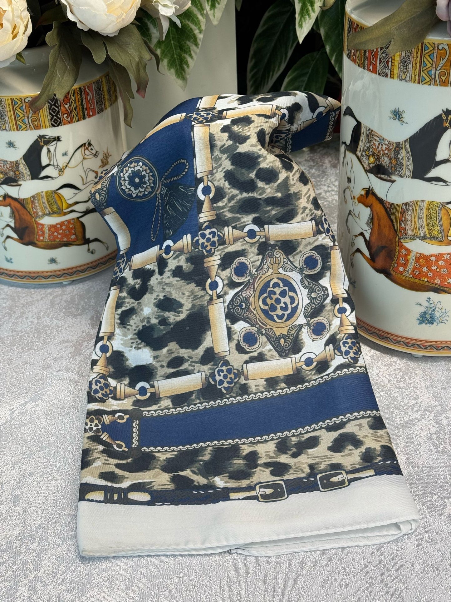 Hermes Leopar Pamuk Soft Şal 65329 - Lacivert