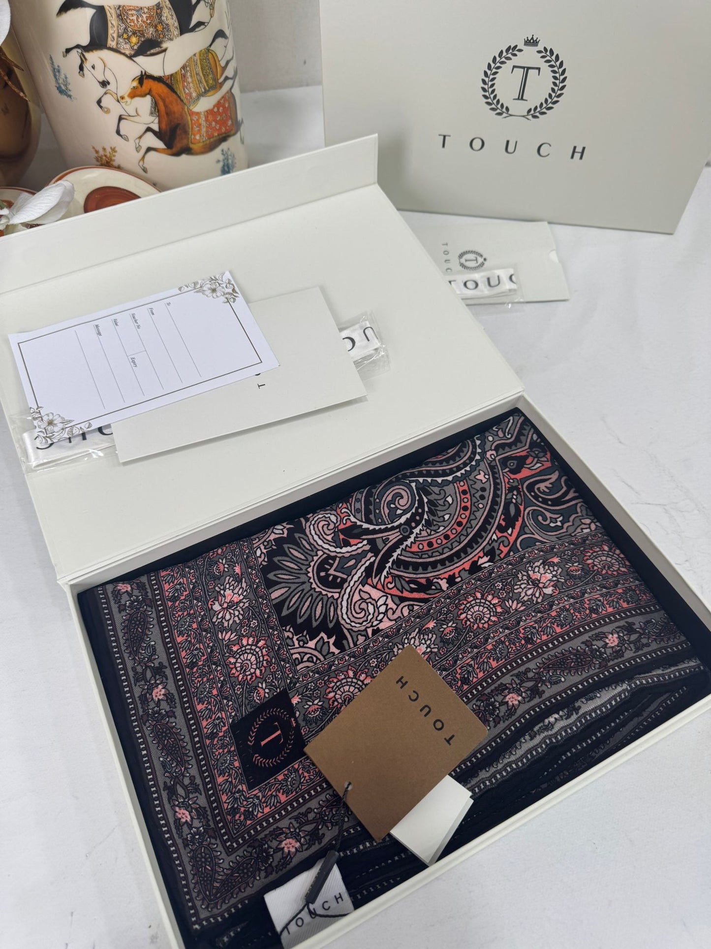 Touch İthal Etnik Desen Yün İpek Şal- 35110 - Siyah Pudra