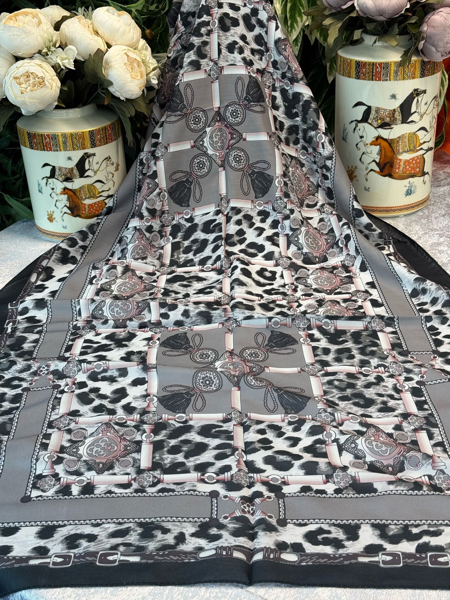 Hermes Leopar Pamuk Soft Şal 65329 - Siyah-Gri