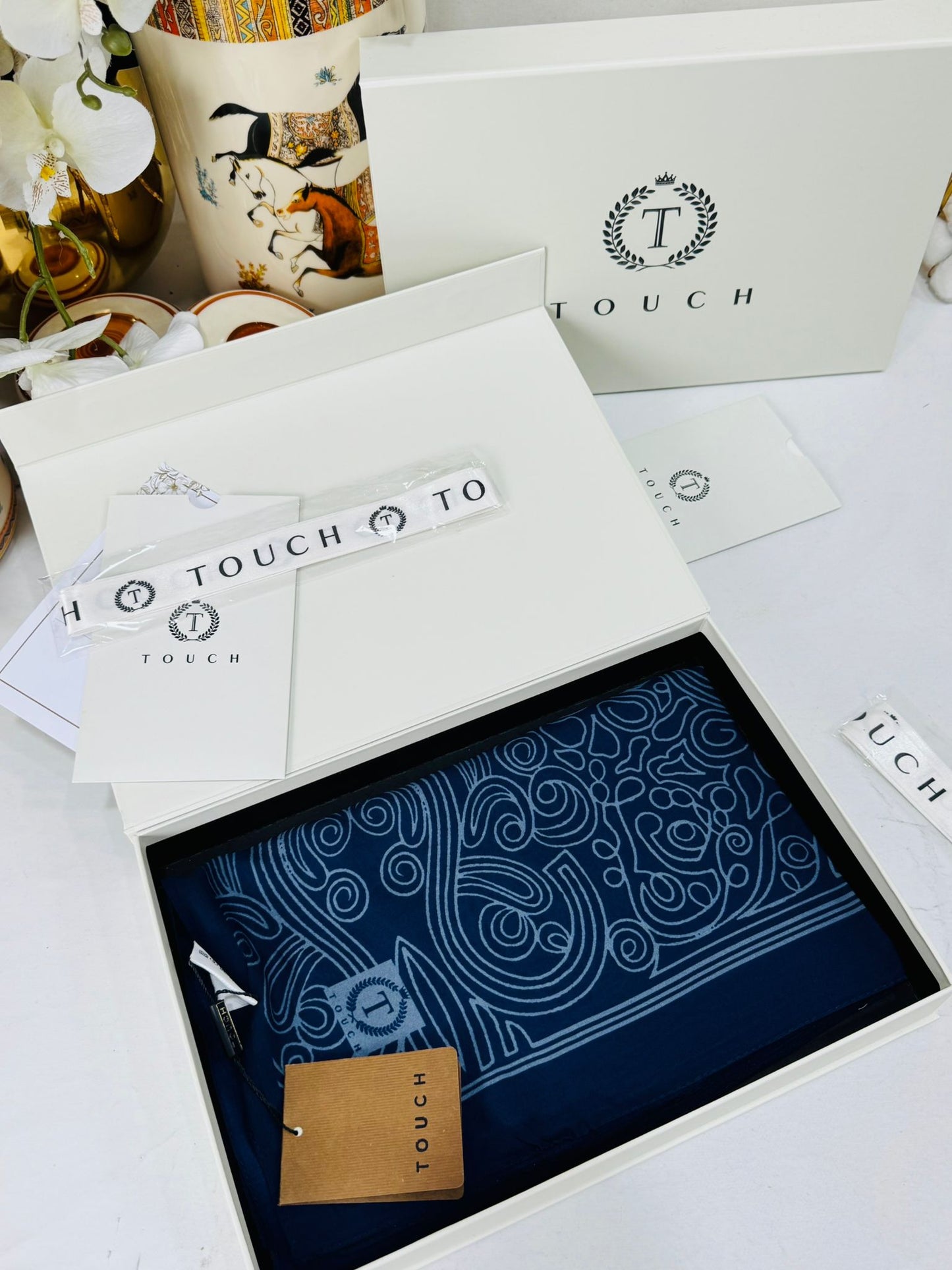 Touch İthal Etnik Desen Pamuk İpek Şal 63459- Lacivert