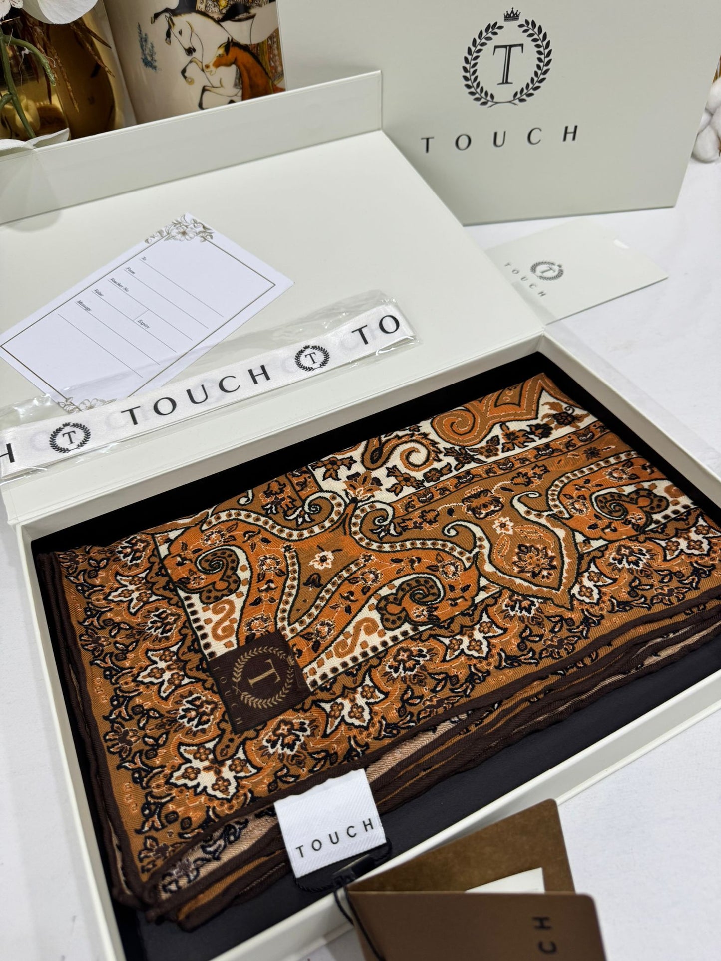 Touch İthal Etnik Desen Yün İpek Şal 34330 - Kahve Ekru