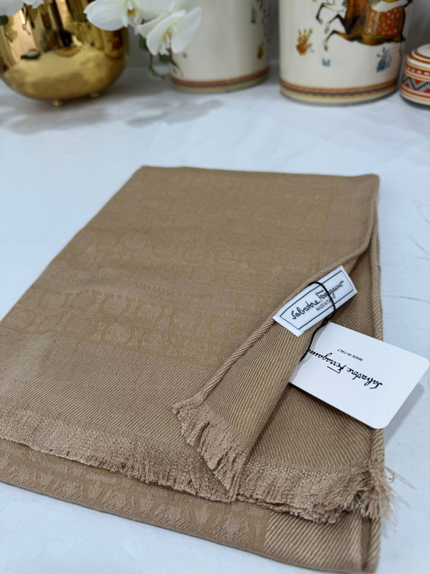 İTHAL A+ Salvatore Yün İpek Çift Taraflı Marka Şal 87452 - Camel