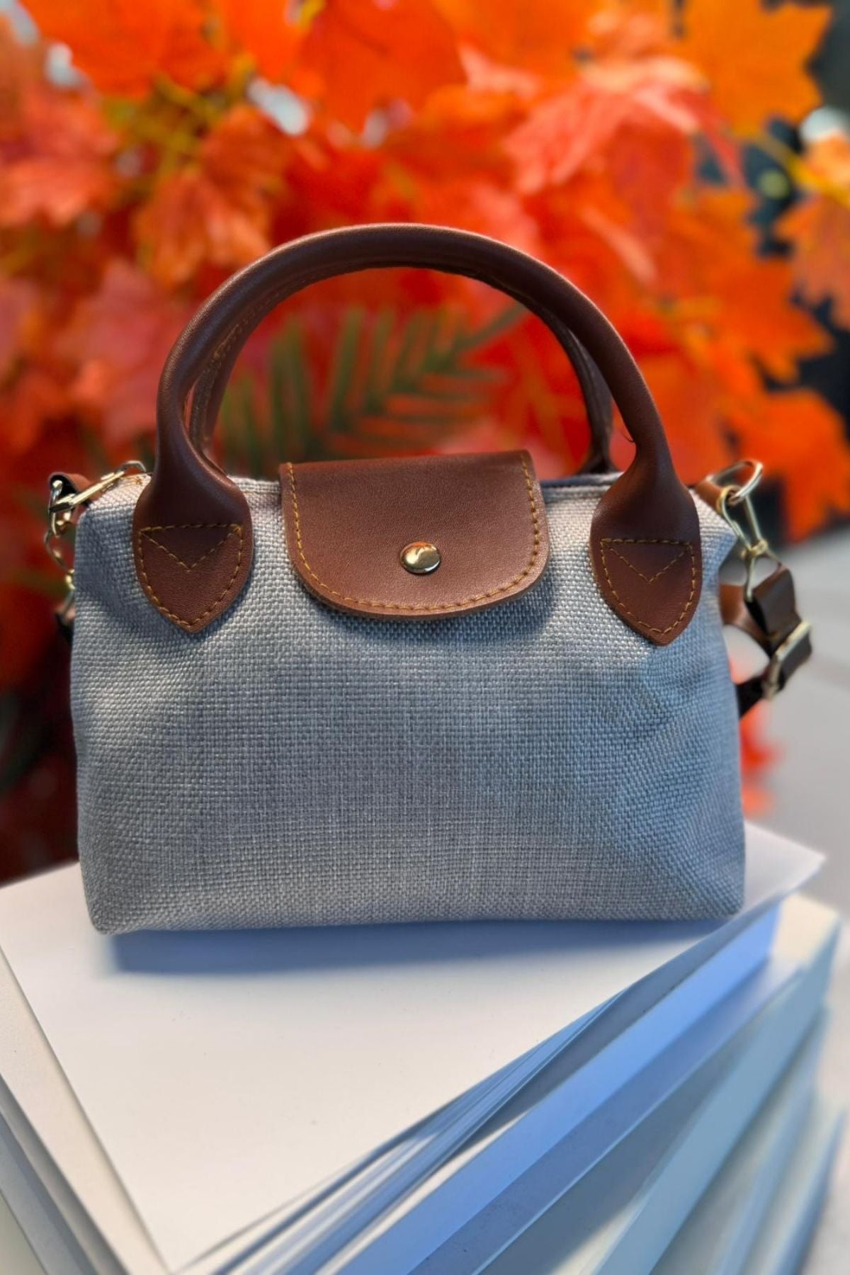 Bohem Kanvas Longchamp Hasır Çanta - Gri