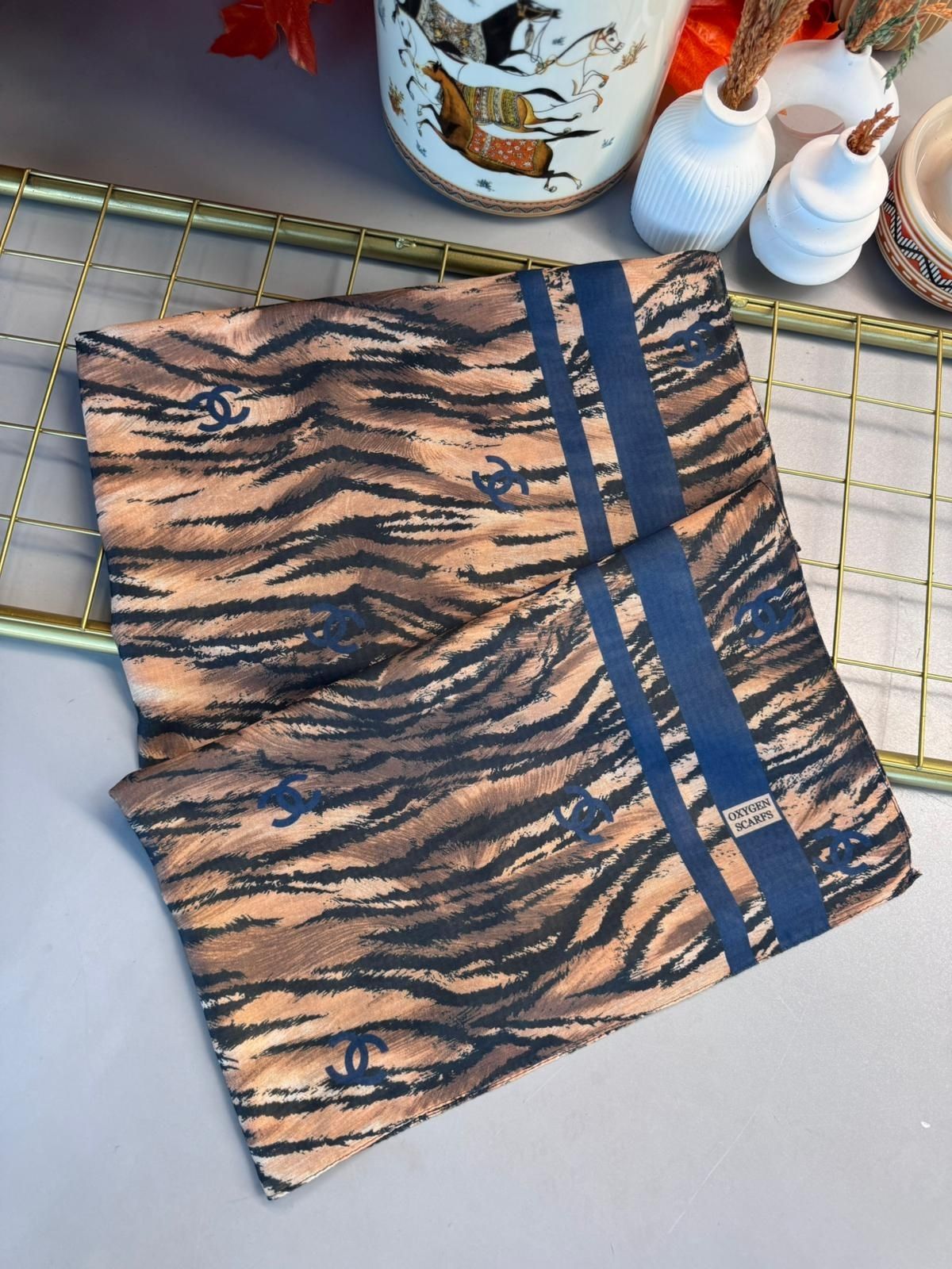 Chanel Çizgili Leopar Pamuk Soft Şal 54120 - Lacivert