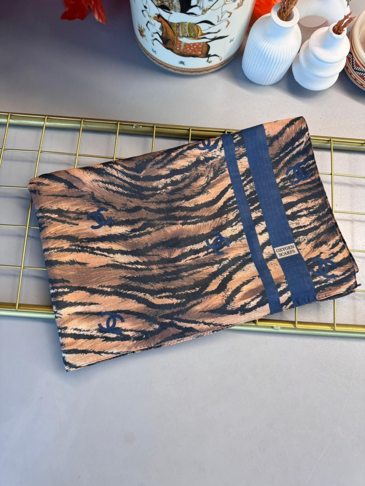 Chanel Çizgili Leopar Pamuk Soft Şal 54120 - Lacivert
