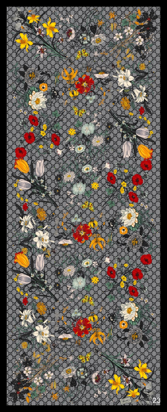 Gucci Çiçek Desen Pamuk Soft Şal 65355 - Gri/Siyah