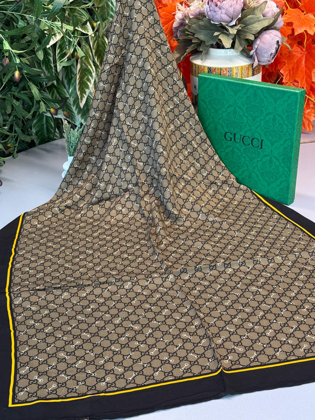 Gucci A Kalite İthal Yün İpek Şal - Siyah-Sarı