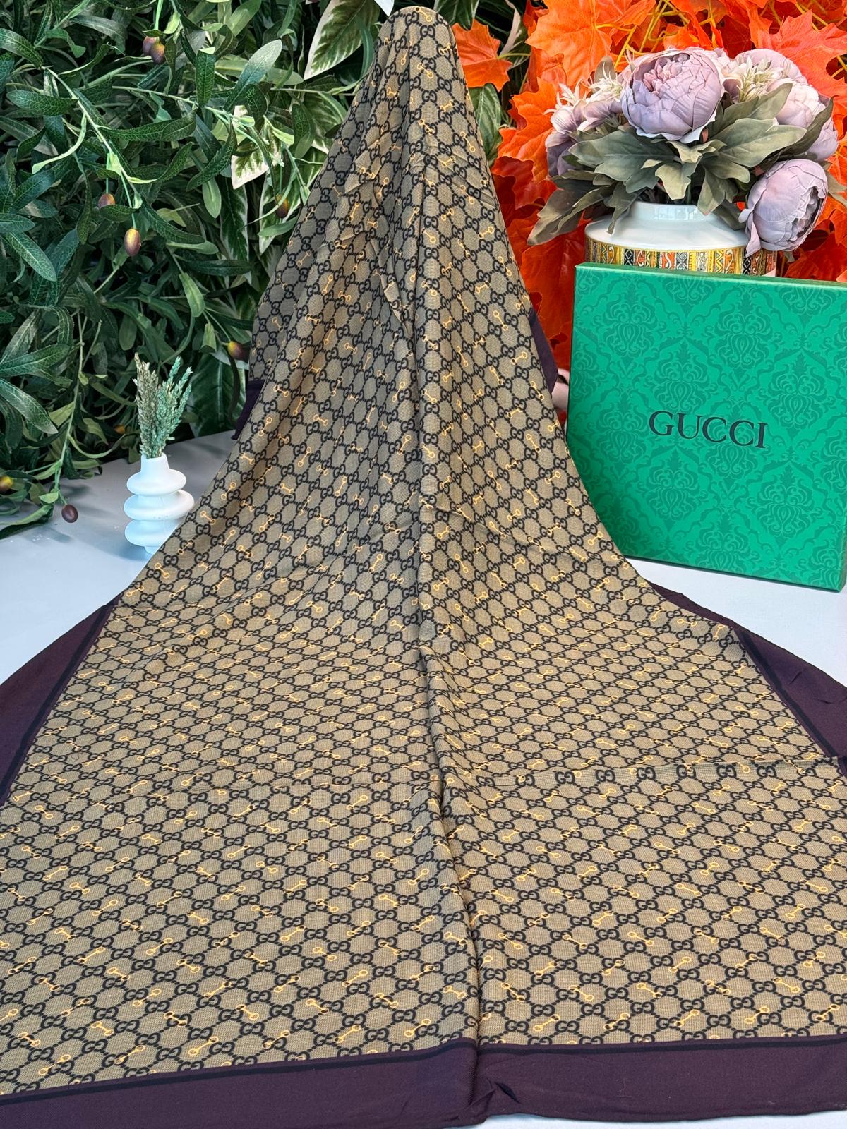 Gucci A Kalite İthal Yün İpek Şal - Mürdüm-Siyah