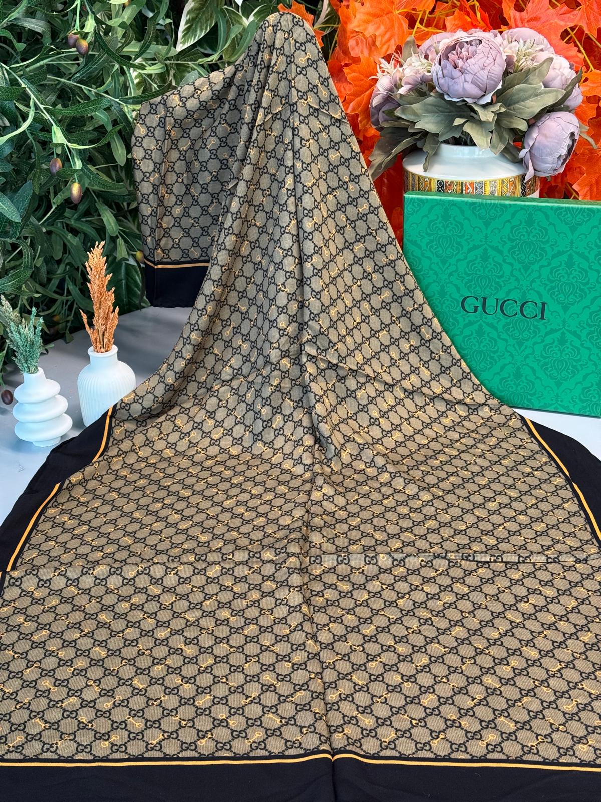 Gucci A Kalite İthal Yün İpek Şal - Siyah-Turuncu